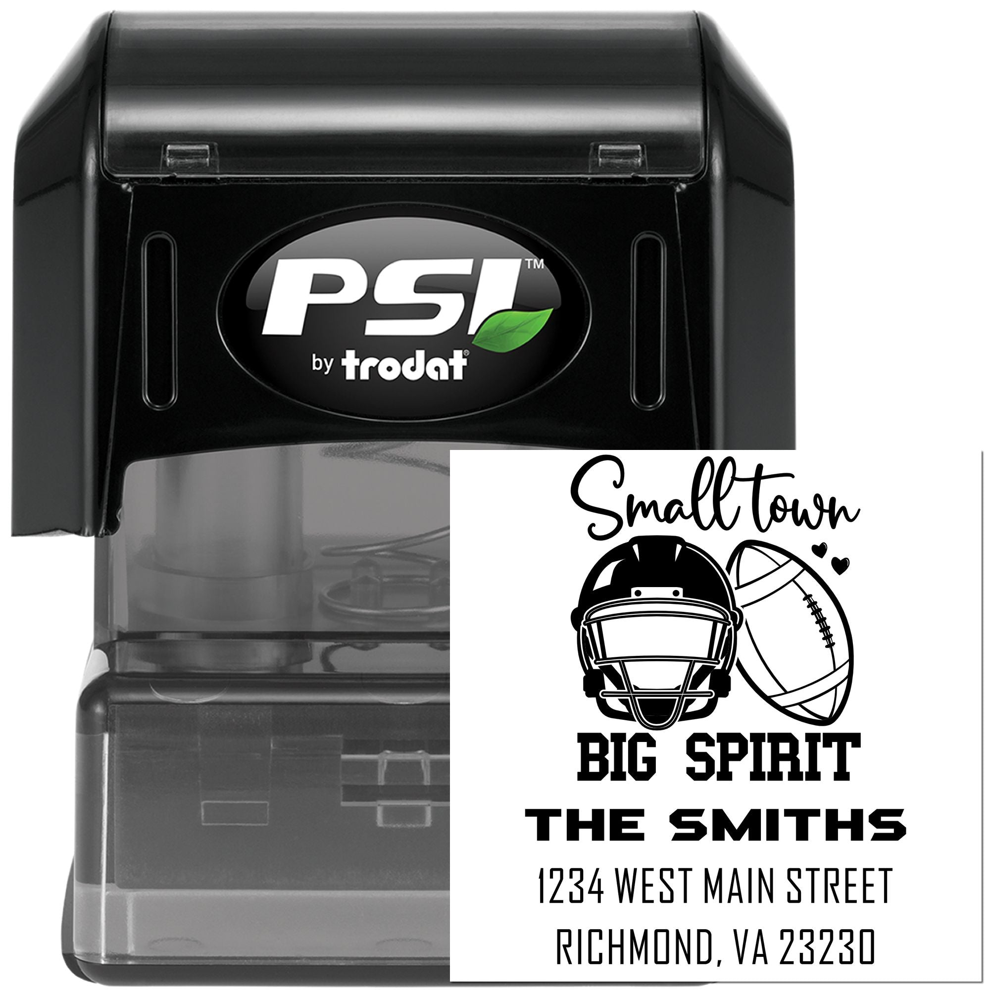 PSI by Trodat self-inking rubber stamp displaying a custom football-themed address stamp for The Smiths.