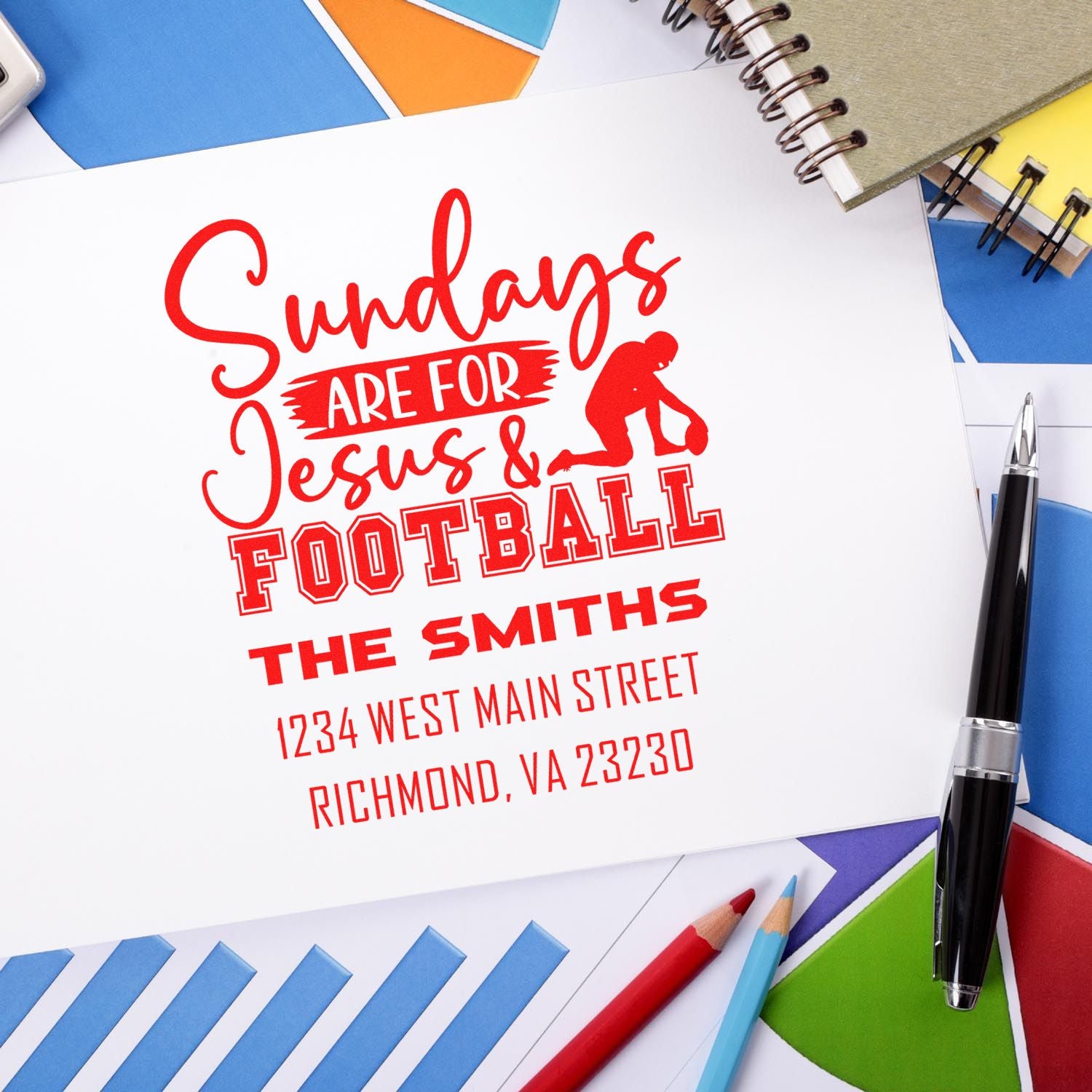 Custom rubber stamp design for The Smiths with Sundays Are for Jesus & Football and Richmond, VA address.