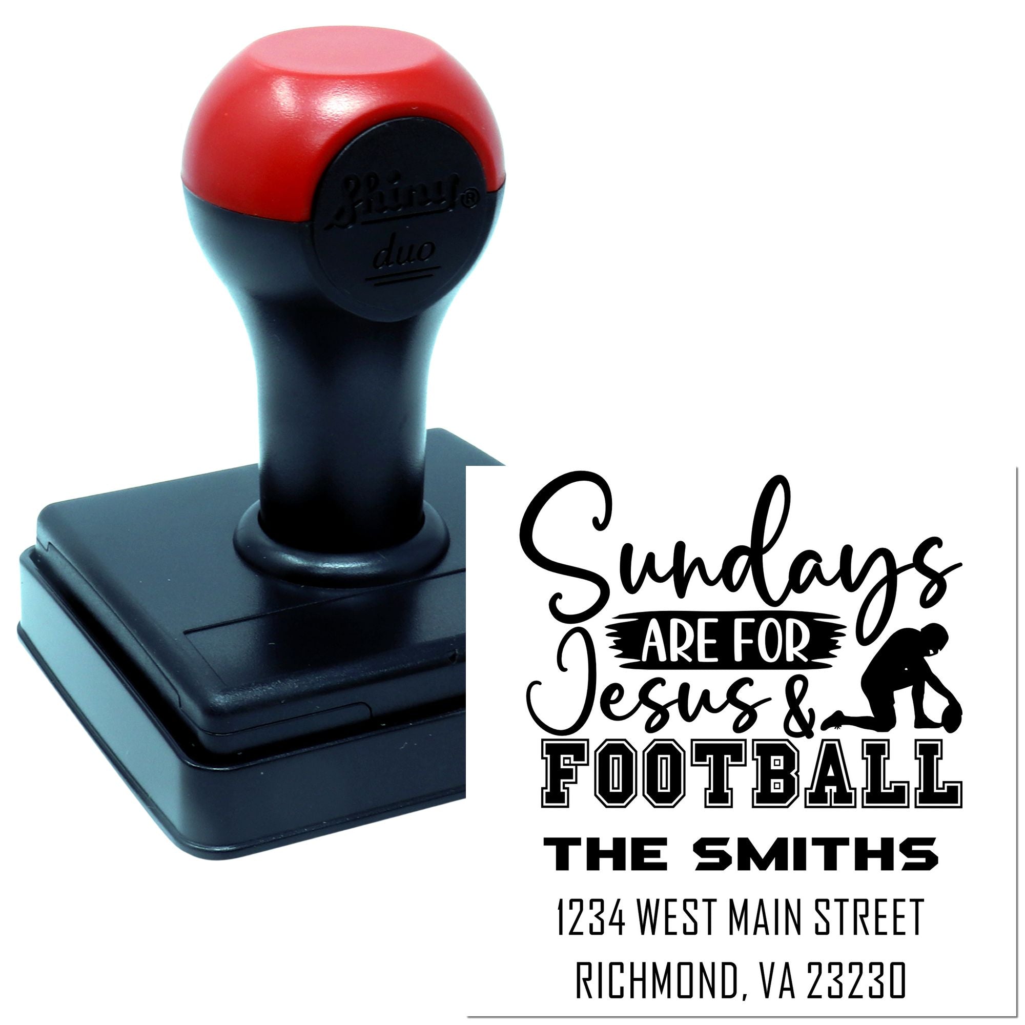 Custom self-inking rubber stamp with Sunday football Christian family return address design for The Smiths.