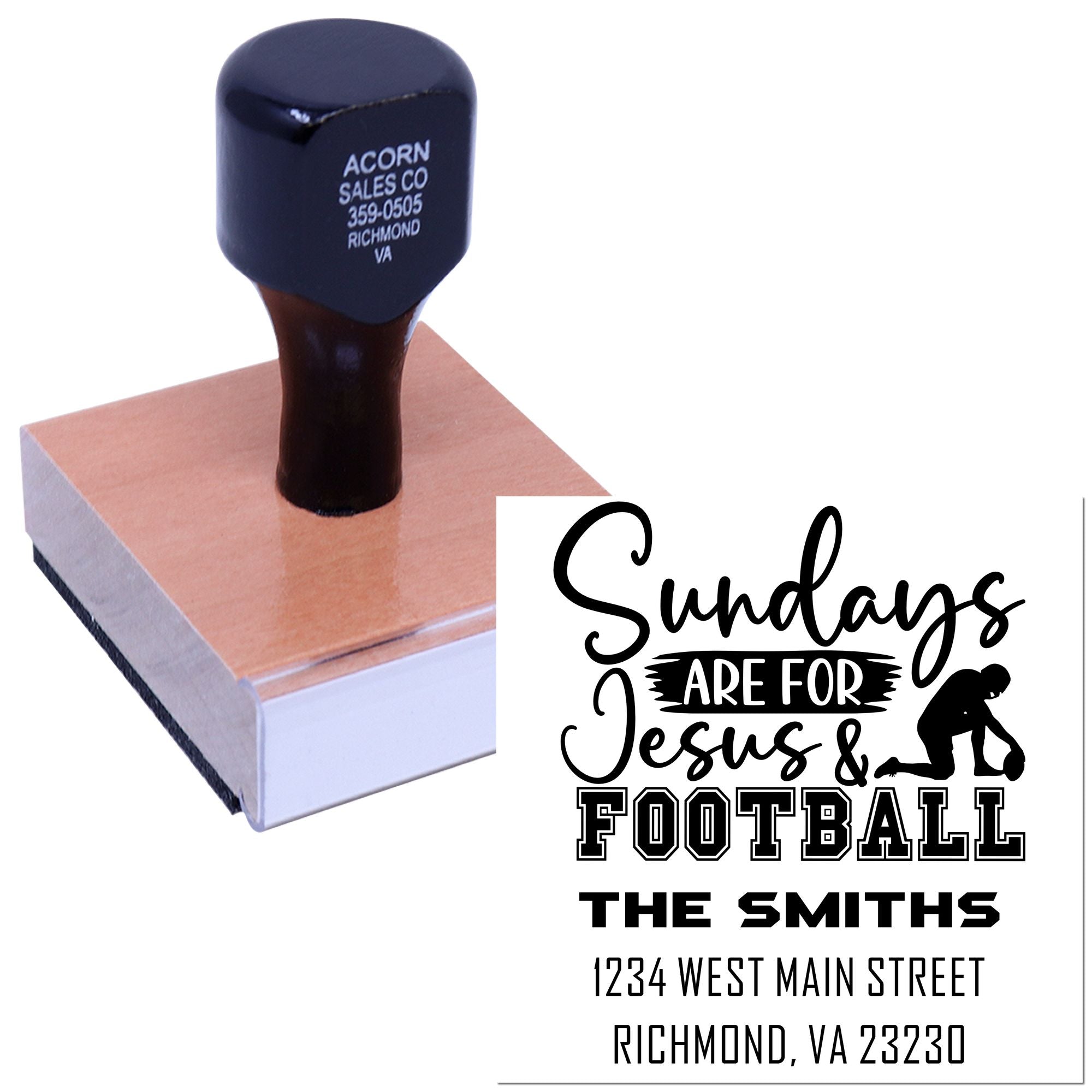 Custom rubber stamp with personalized Sundays Are for Jesus & Football design, name, and address for stationery.