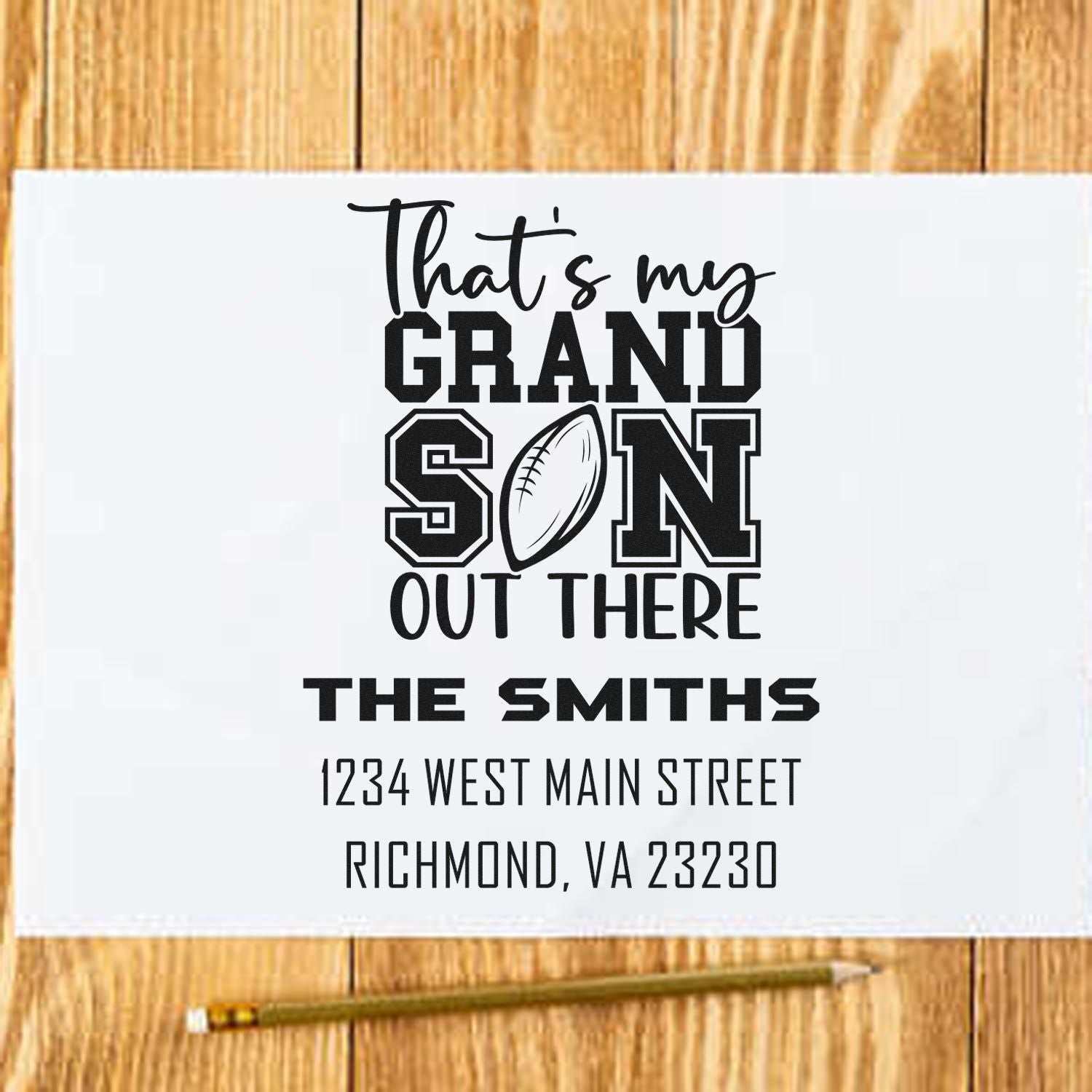 Custom football grand son rubber stamp mockup for The Smiths, featuring personalized family name and address.