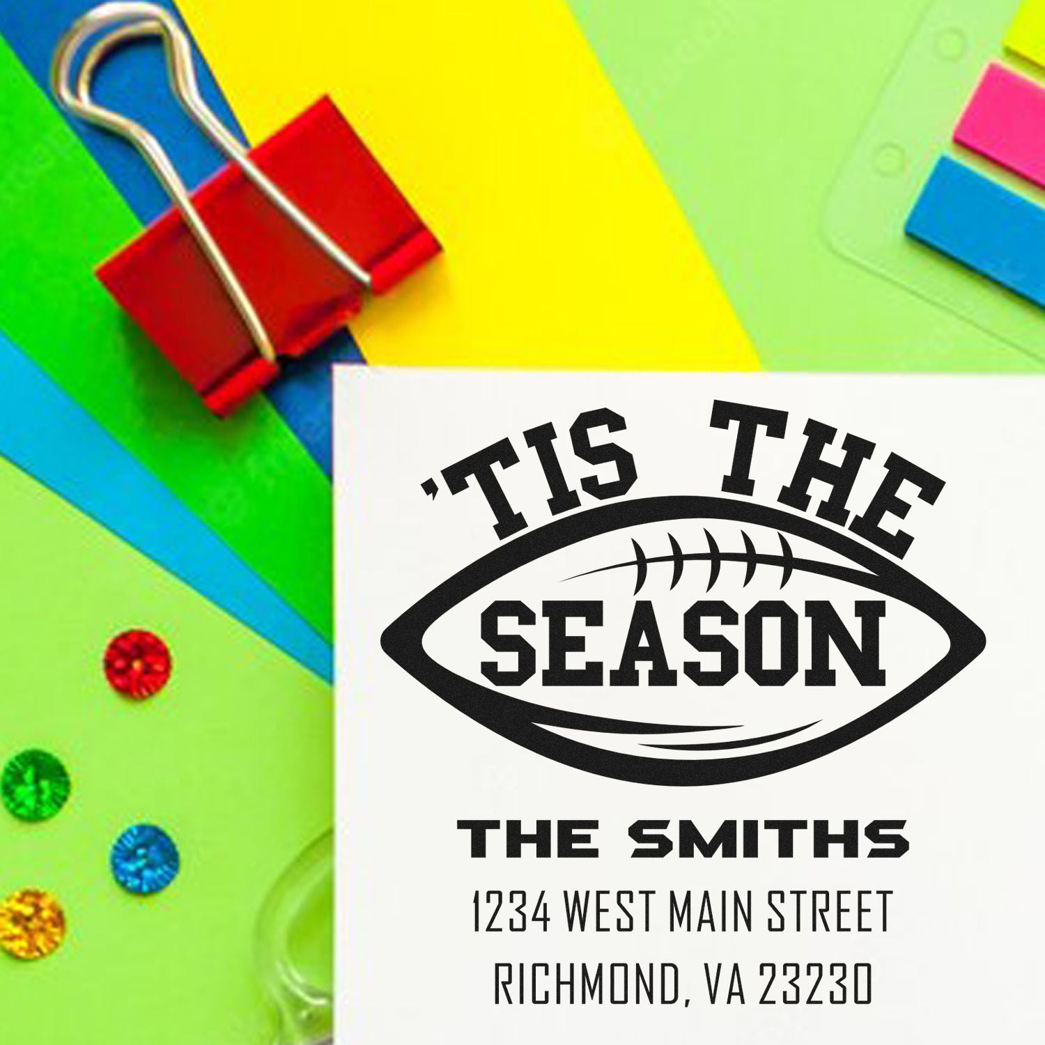 Personalized football season rubber stamp with custom name and address for sports-themed mailings.