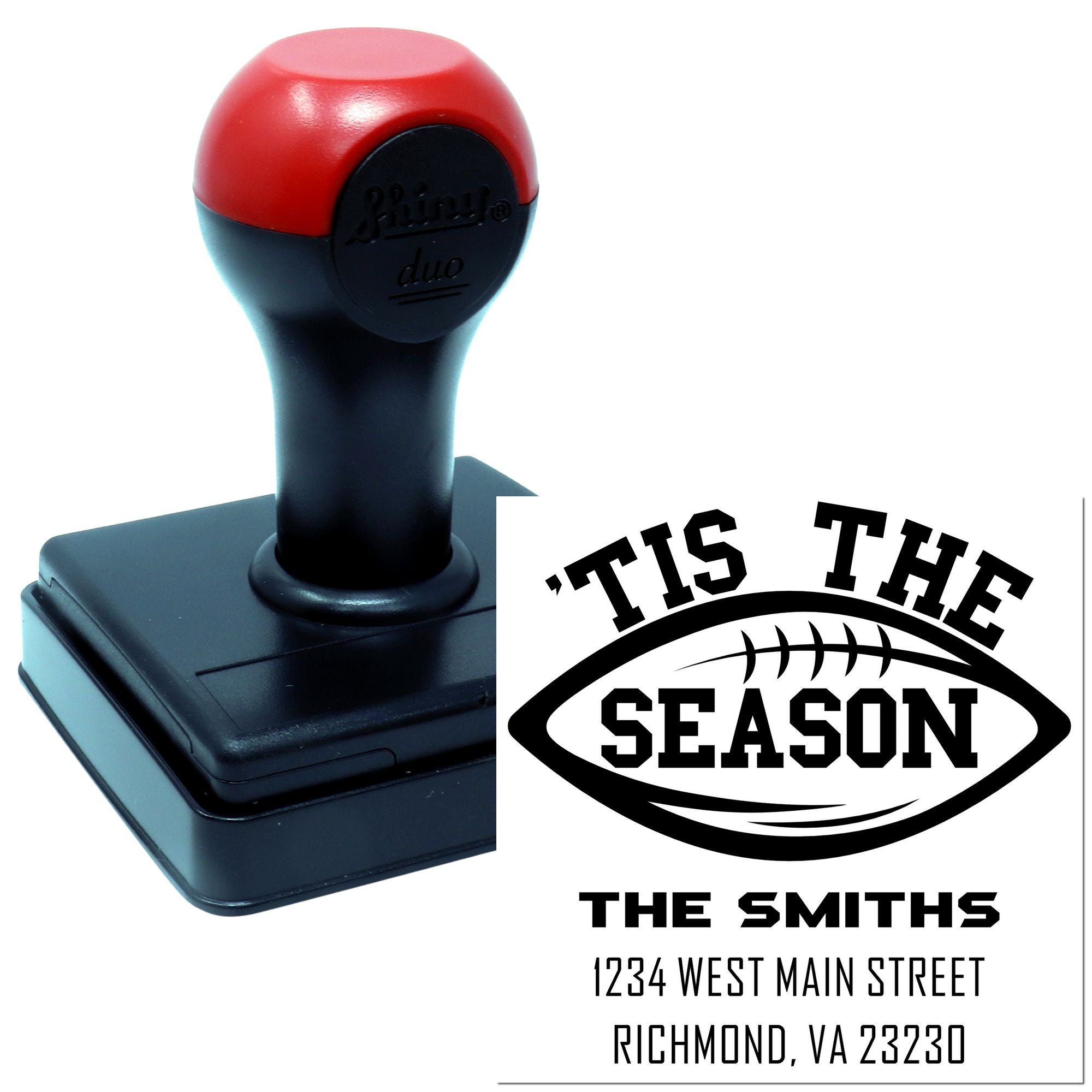 Custom self-inking rubber stamp with football Tis the Season design for The Smiths holiday address labels, Richmond, VA.