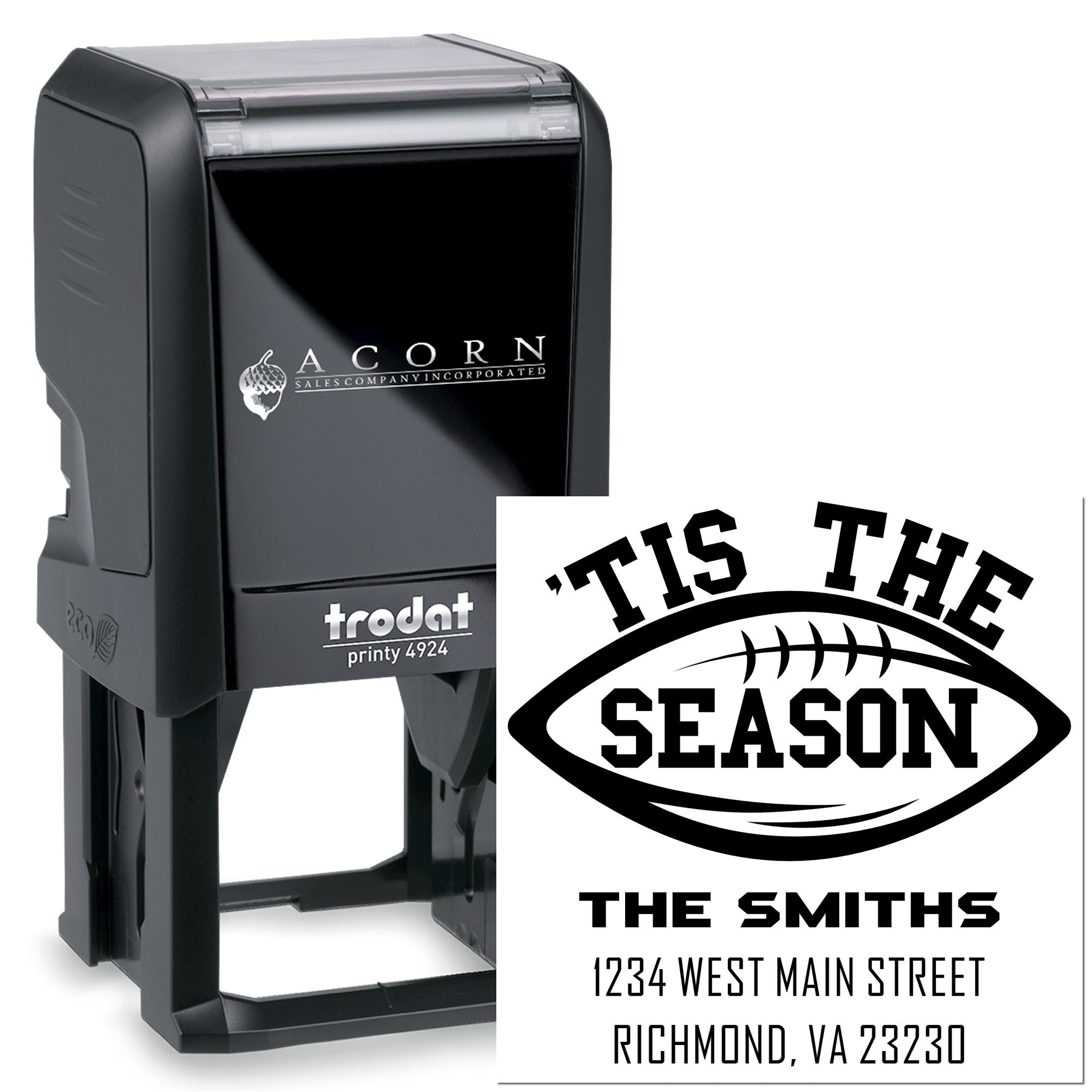 Custom self-inking rubber stamp with football Tis the Season design and family address for holiday cards.