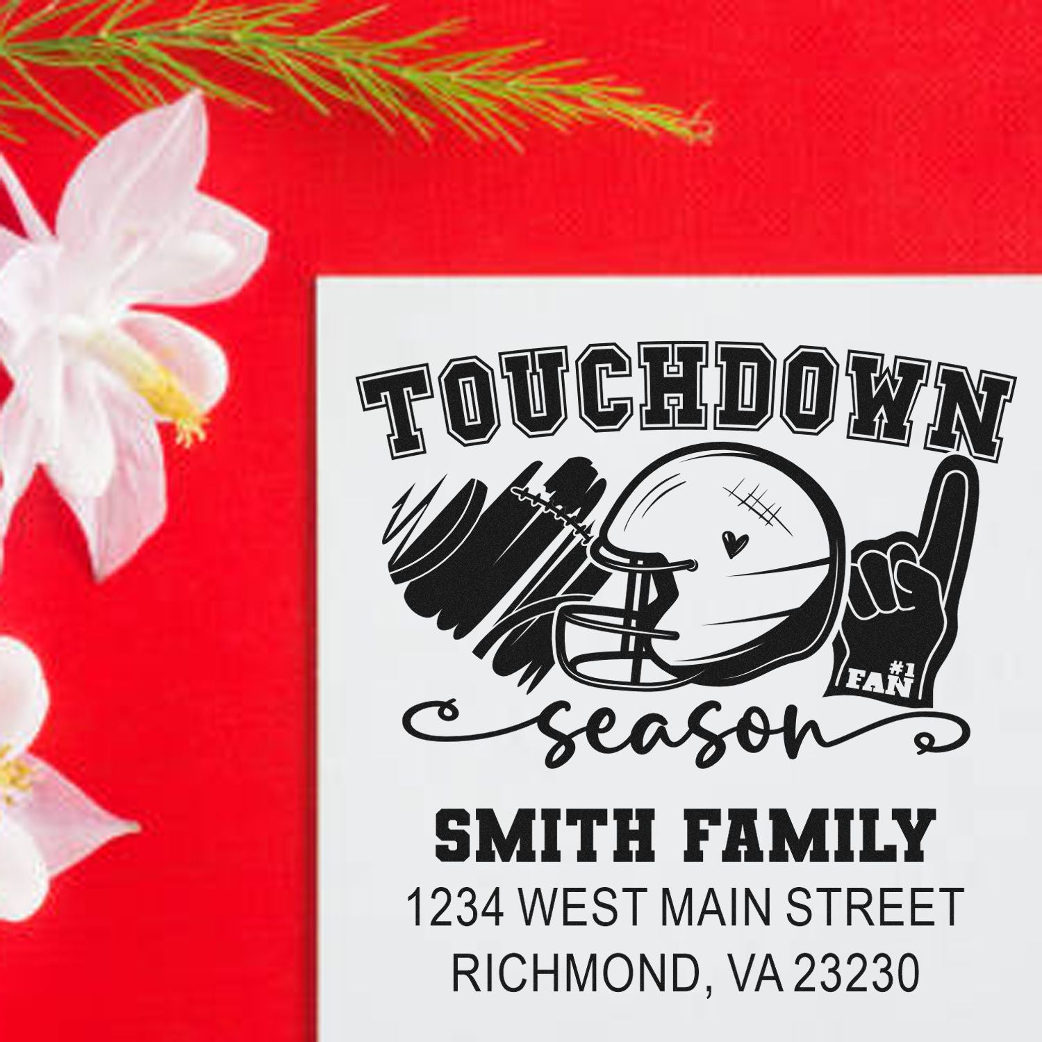Personalized football touchdown season return address rubber stamp for Smith Family, with helmet design and Richmond, VA address.
