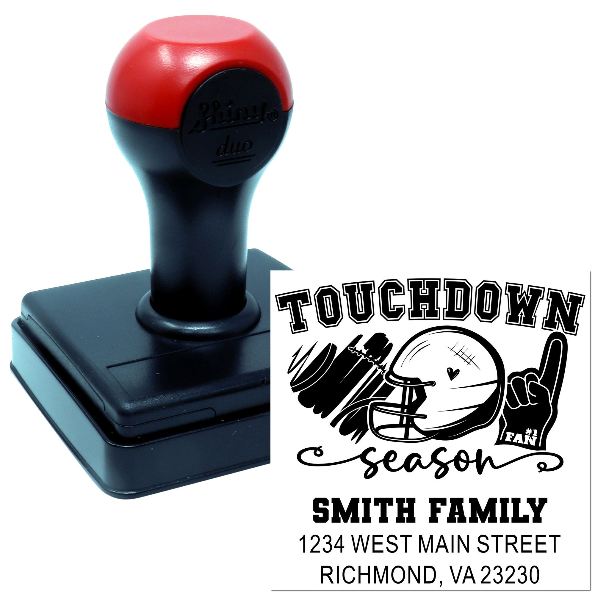 Personalized self-inking rubber stamp for touchdown season, featuring a custom family name and address return address design.