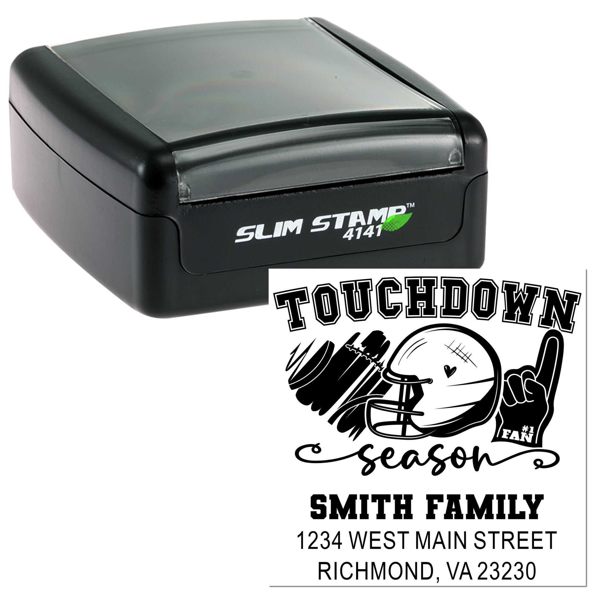 Custom self-inking rubber stamp with football touchdown season design, Smith family address, and fan-themed imprint.