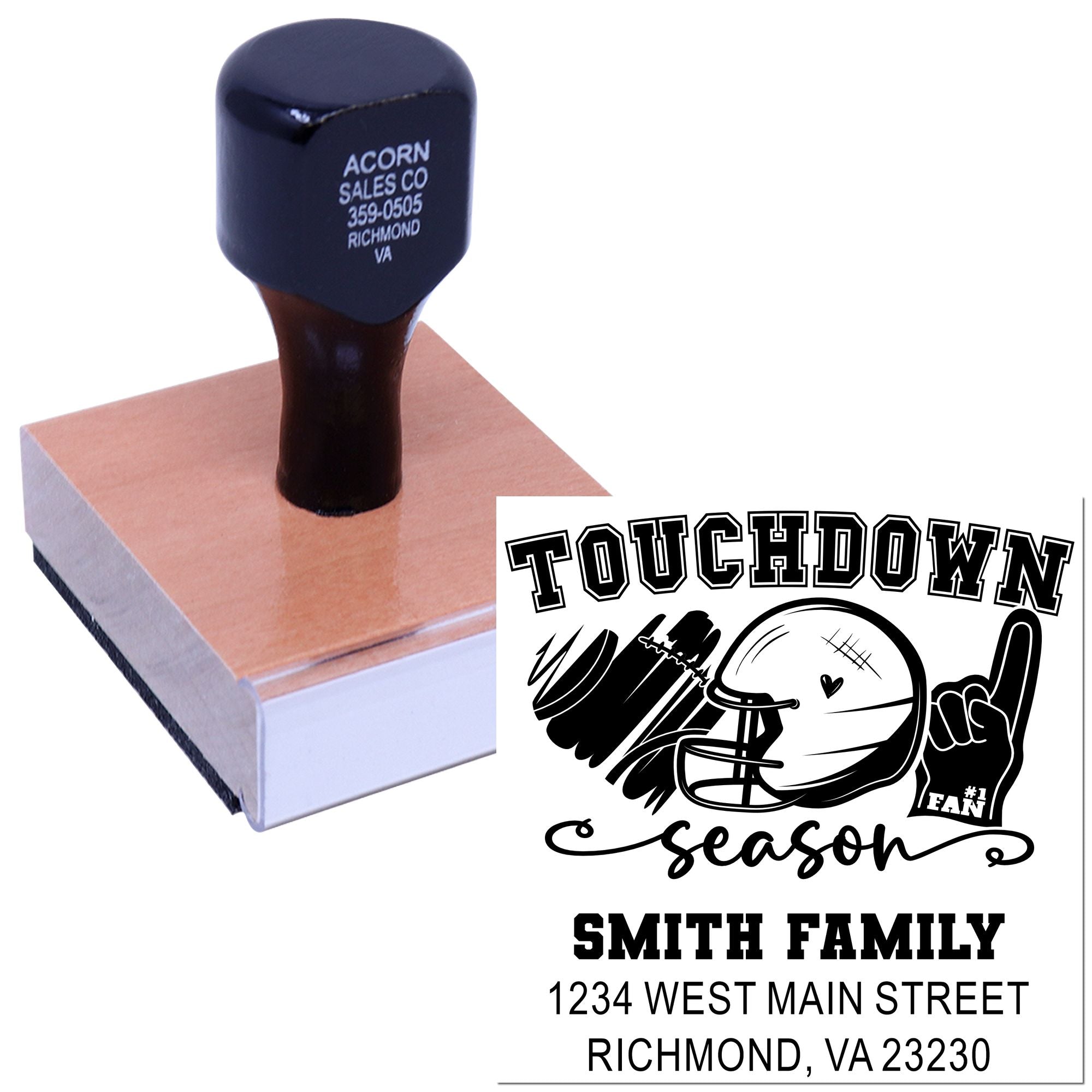 Custom football touchdown season rubber stamp with Smith family address and Richmond, VA return address design