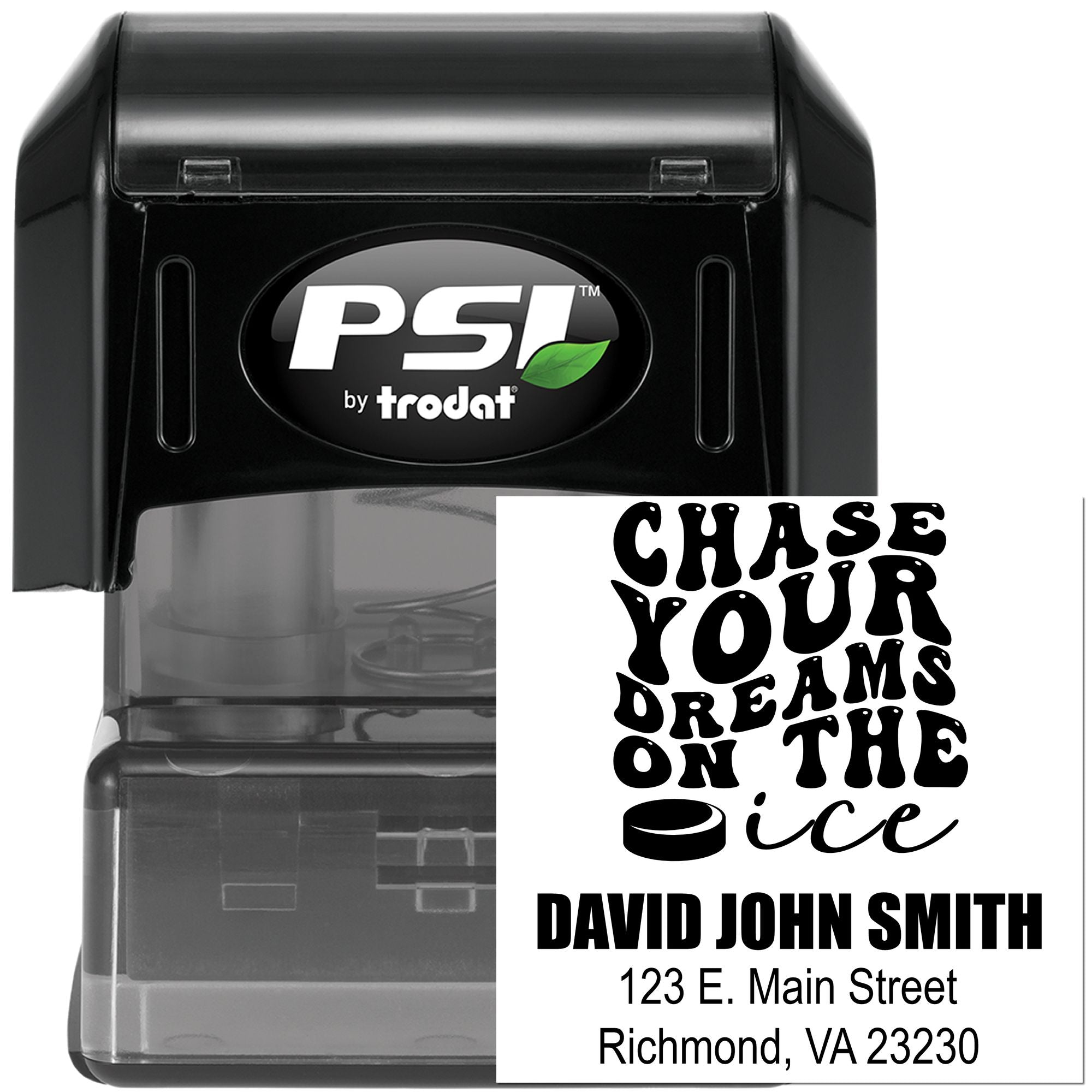 PSI by Trodat self-inking rubber stamp with custom address imprint and motivational design for personalized business stamps