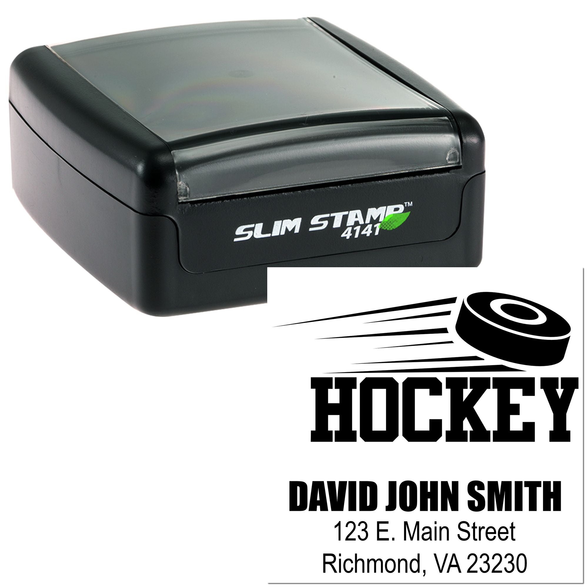 Custom hockey self-inking rubber stamp with name and address imprint for personalized return mailing labels