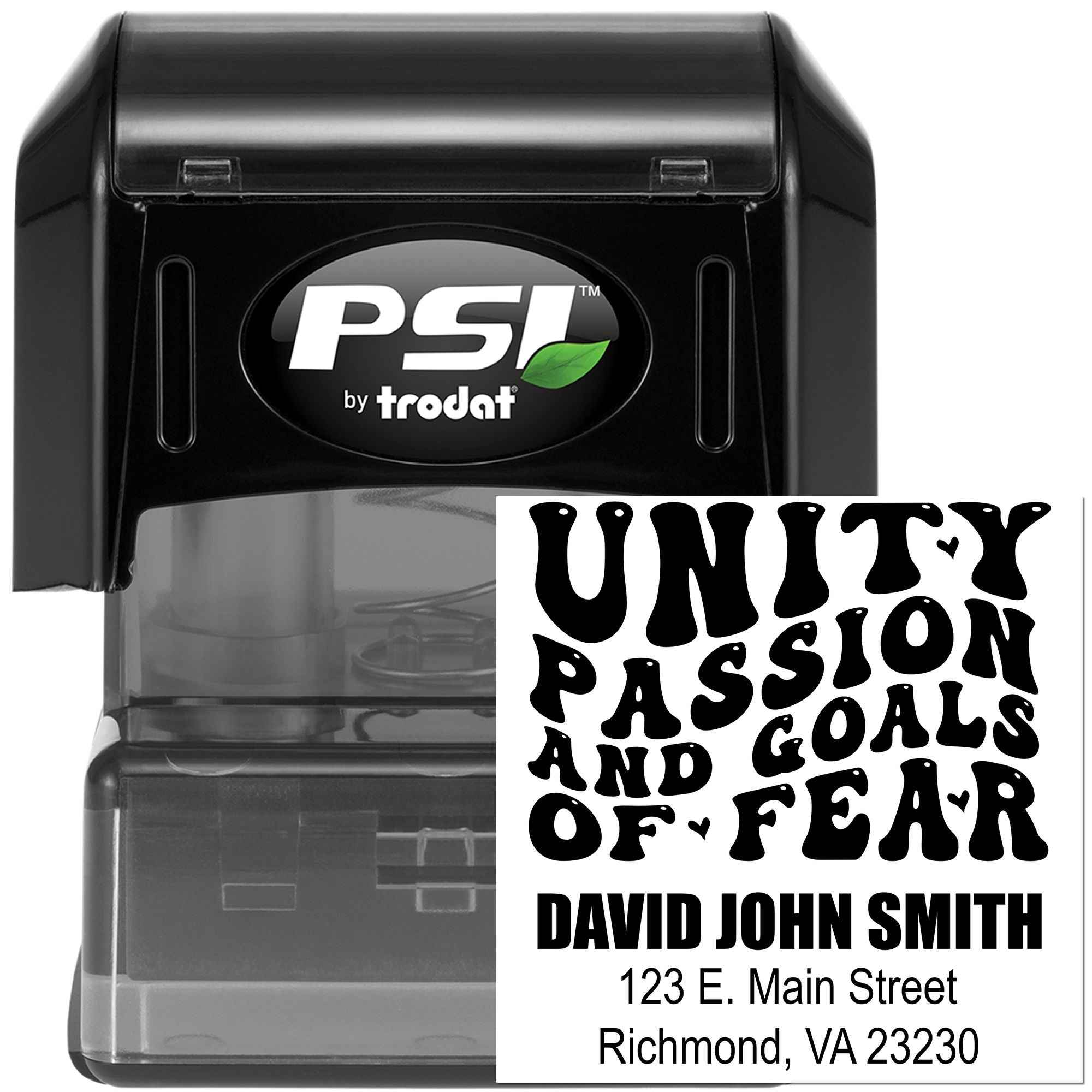 PSI by Trodat self-inking rubber stamp with custom motivational text, name, and address imprint for personalized business use.