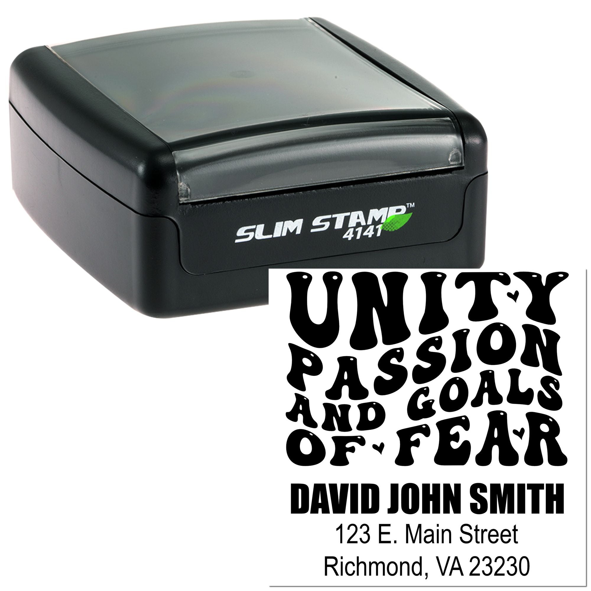 Custom self-inking rubber stamp with Unity, Passion, Goals and Fear design and return address for mailing labels.