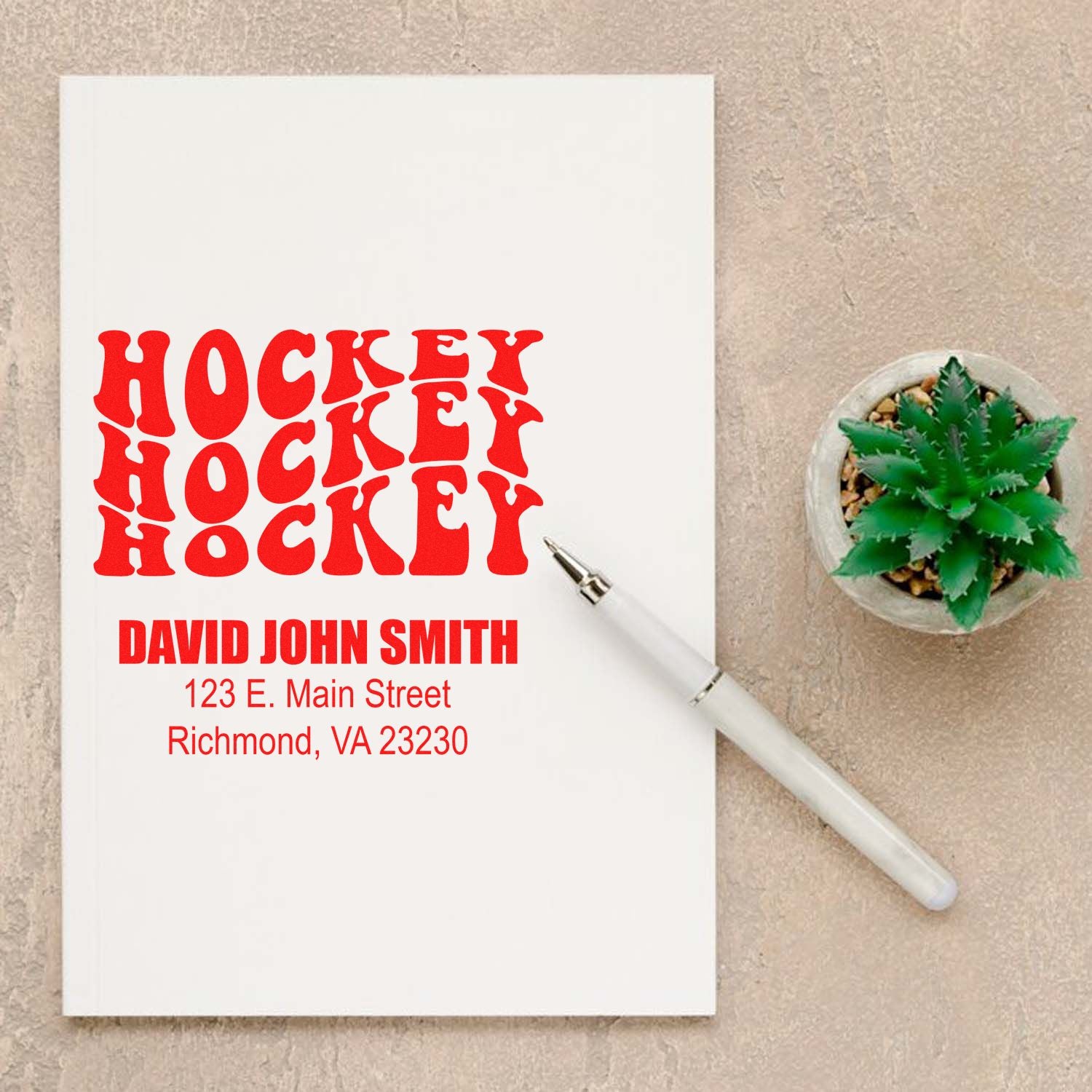 Custom hockey return address rubber stamp with name and address for personalized stationery