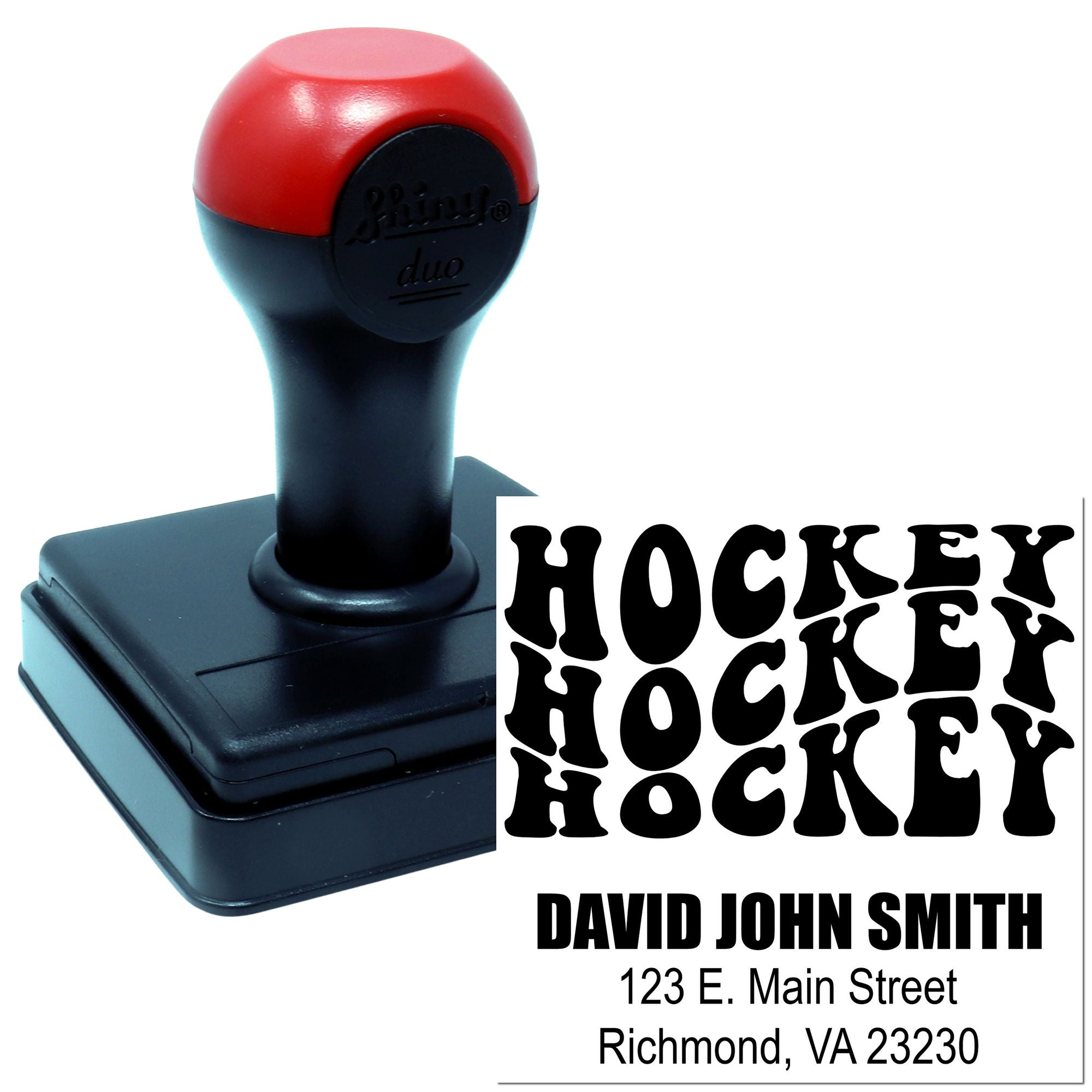 Self-inking hockey return address rubber stamp with custom name and address for envelopes.