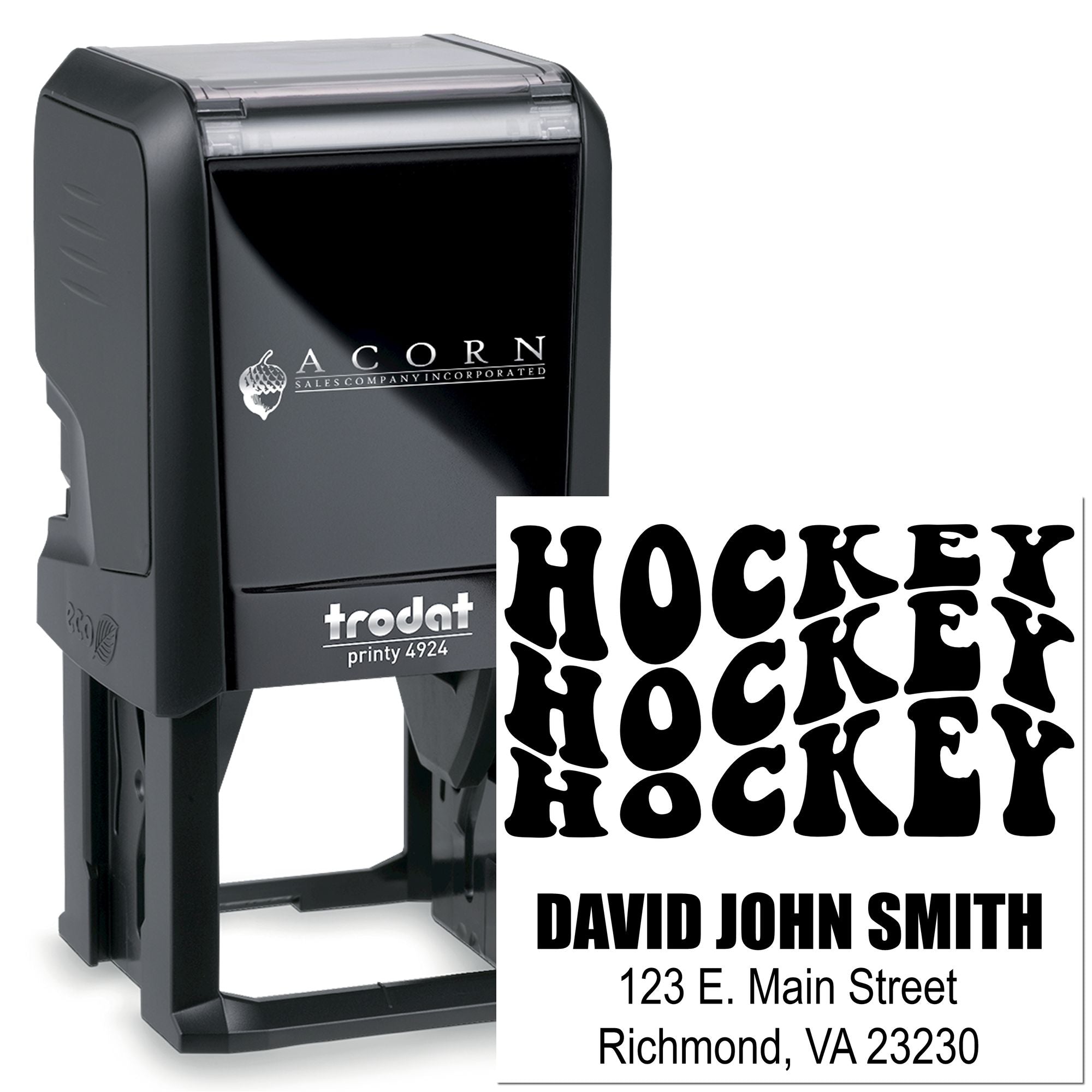 Custom hockey rubber stamp with name and address, ideal for personalized mailing, business use, and self-inking stamping.