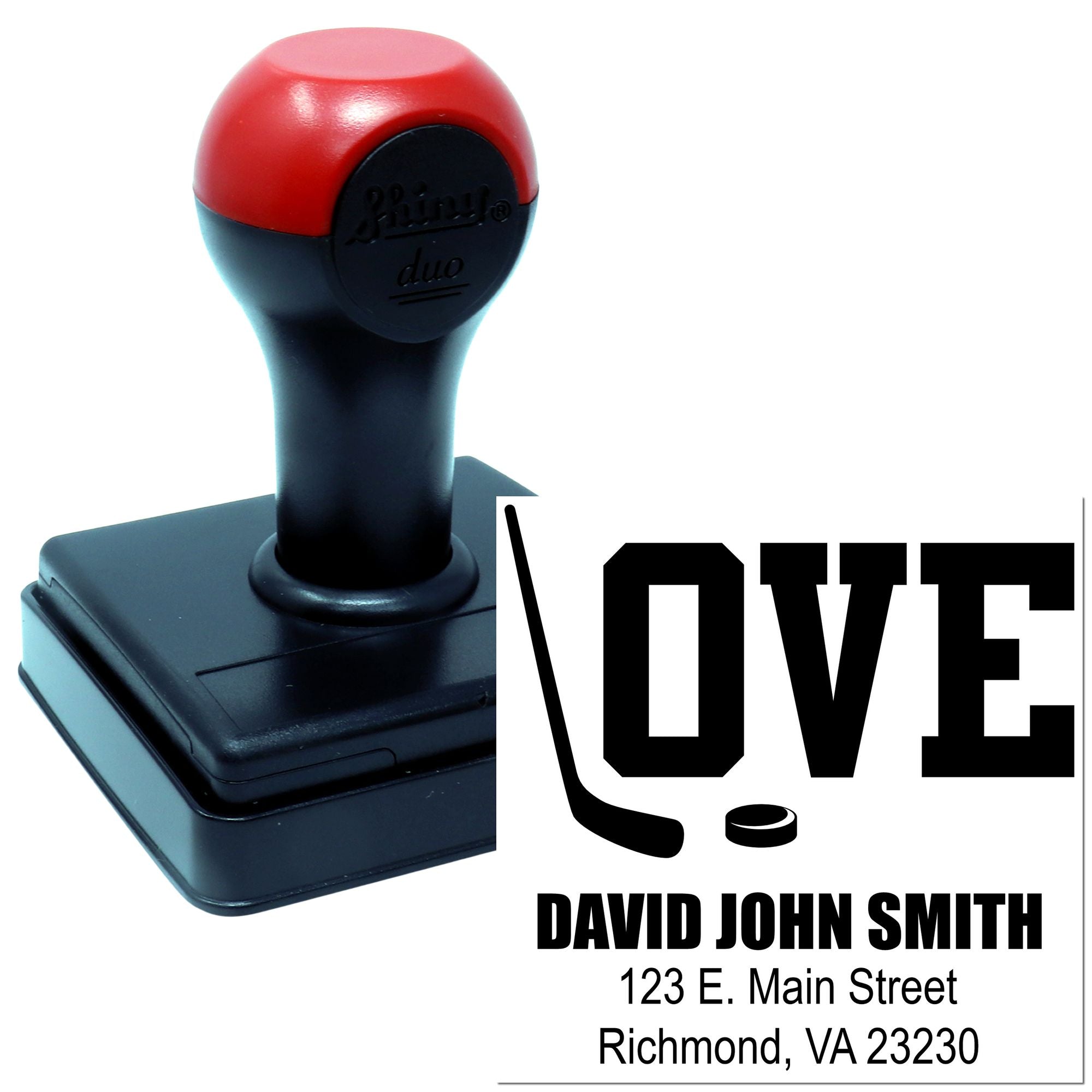 Custom self-inking rubber stamp with hockey love design and address block for personalized mailing and branding.