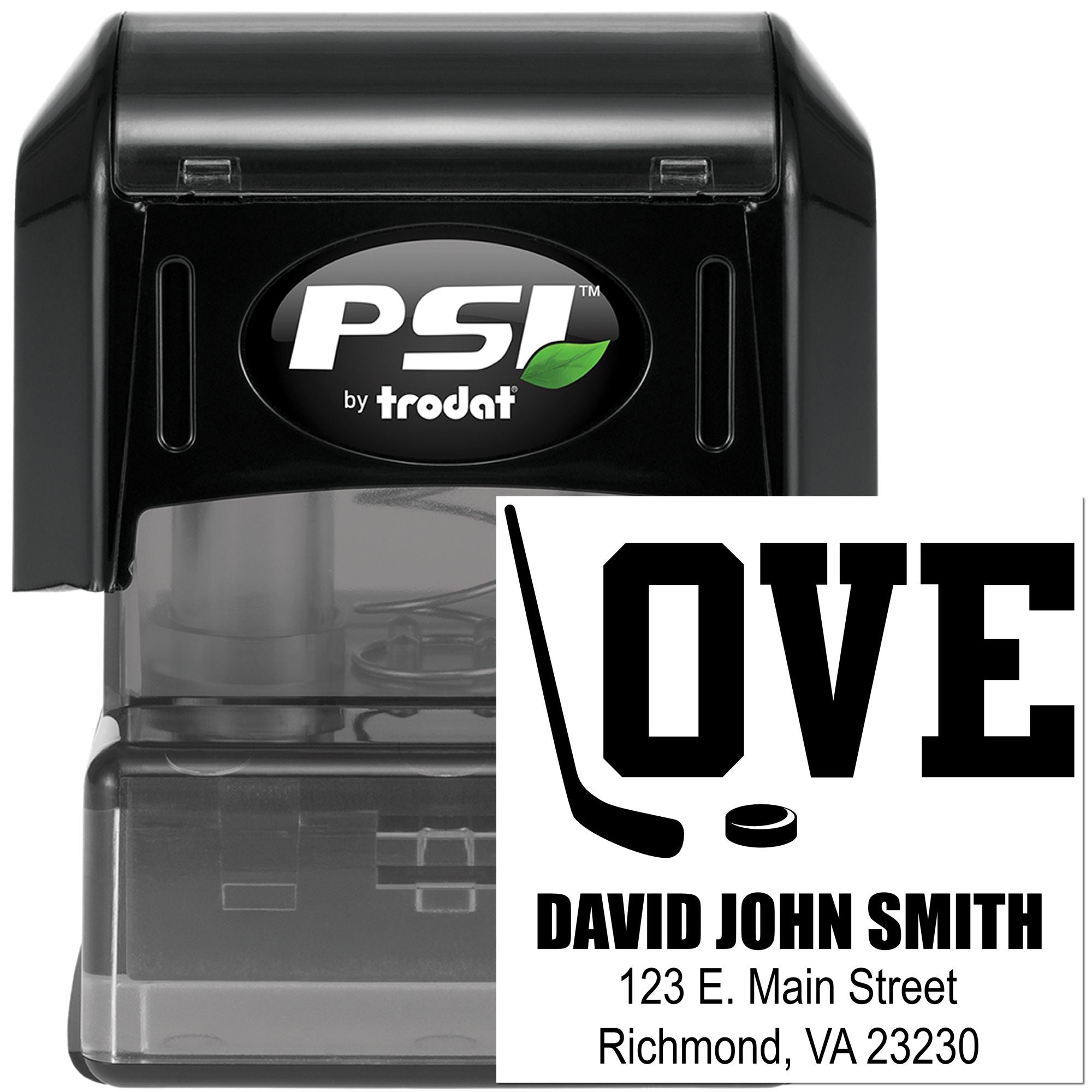 PSI by Trodat self-inking custom rubber stamp with LOVE hockey design and personalized name and address imprint