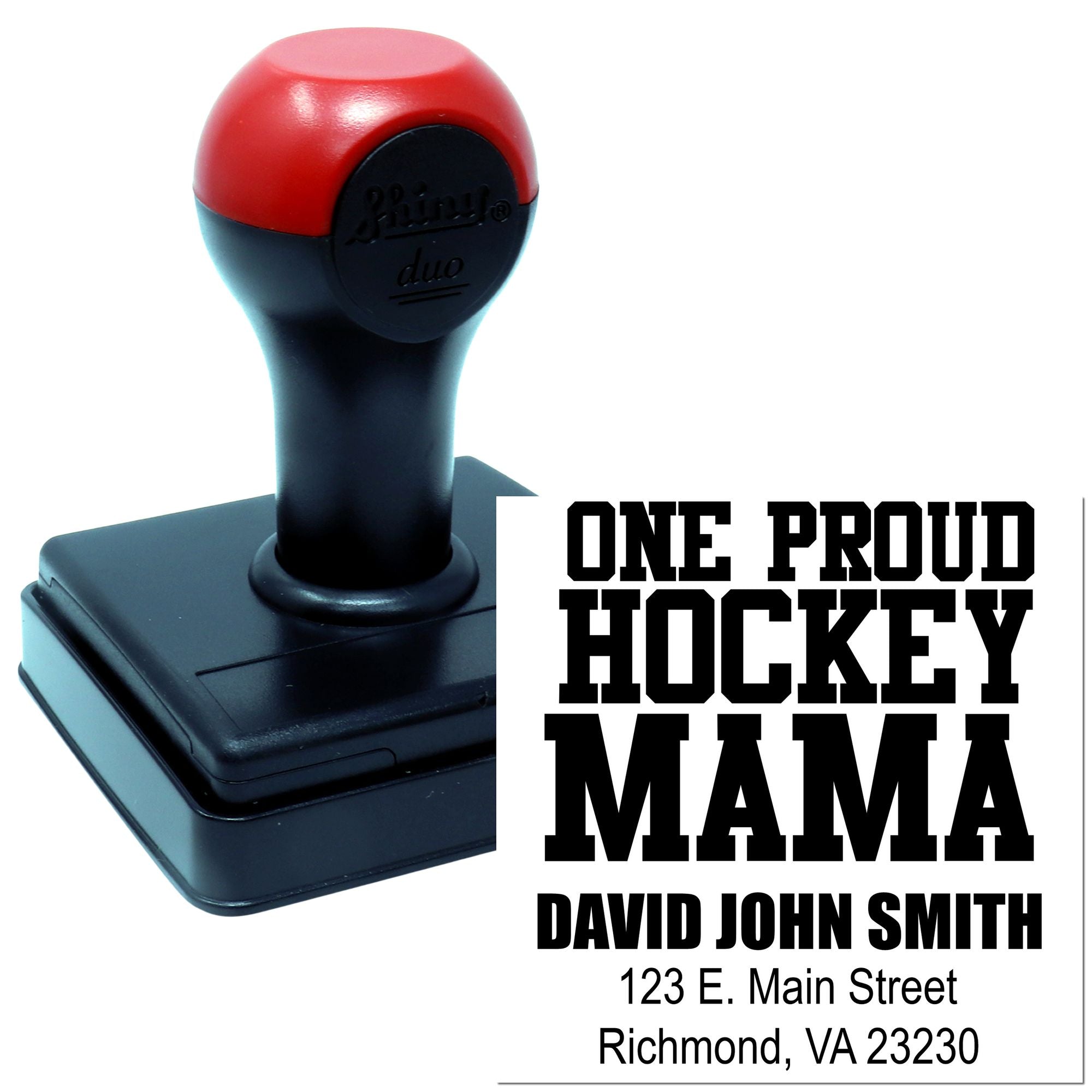 Custom self-inking rubber stamp with personalized One Proud Hockey Mama design and address block for sports gifts.