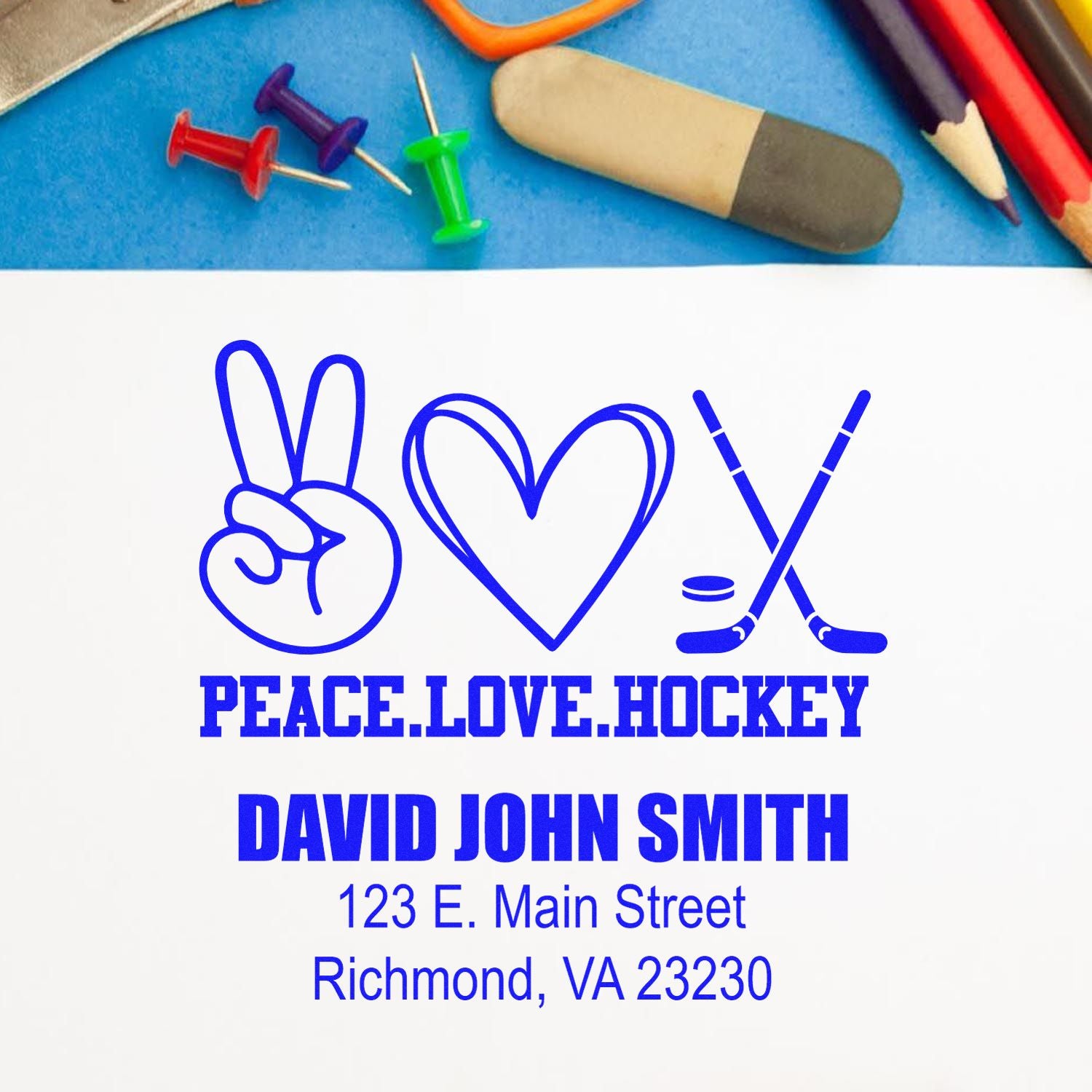 Custom rubber stamp proof with Peace Love Hockey design and return address for David John Smith in Richmond, VA.