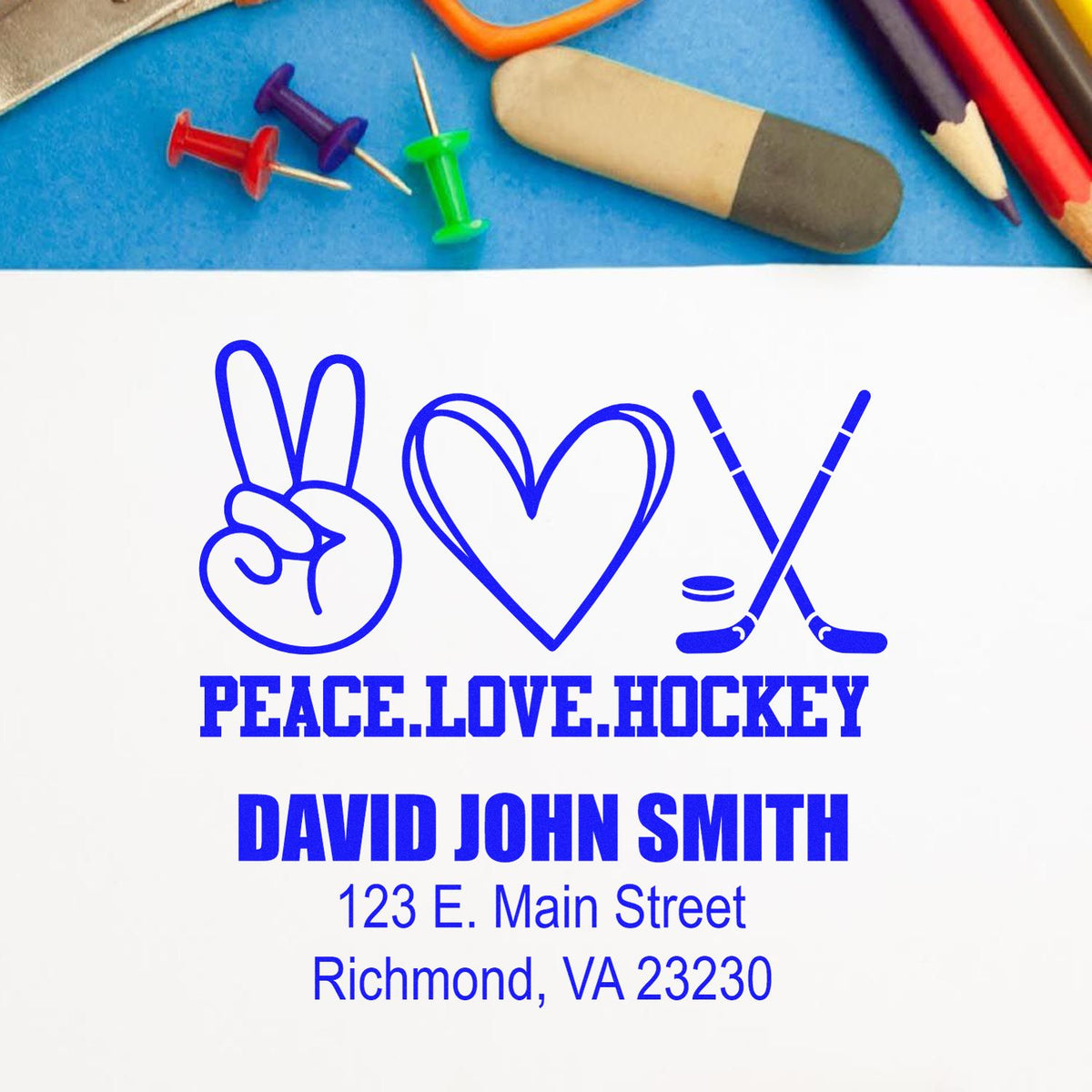 Personalized rubber stamp design for a Peace Love Hockey return address stamp with David John Smith, Richmond, VA.