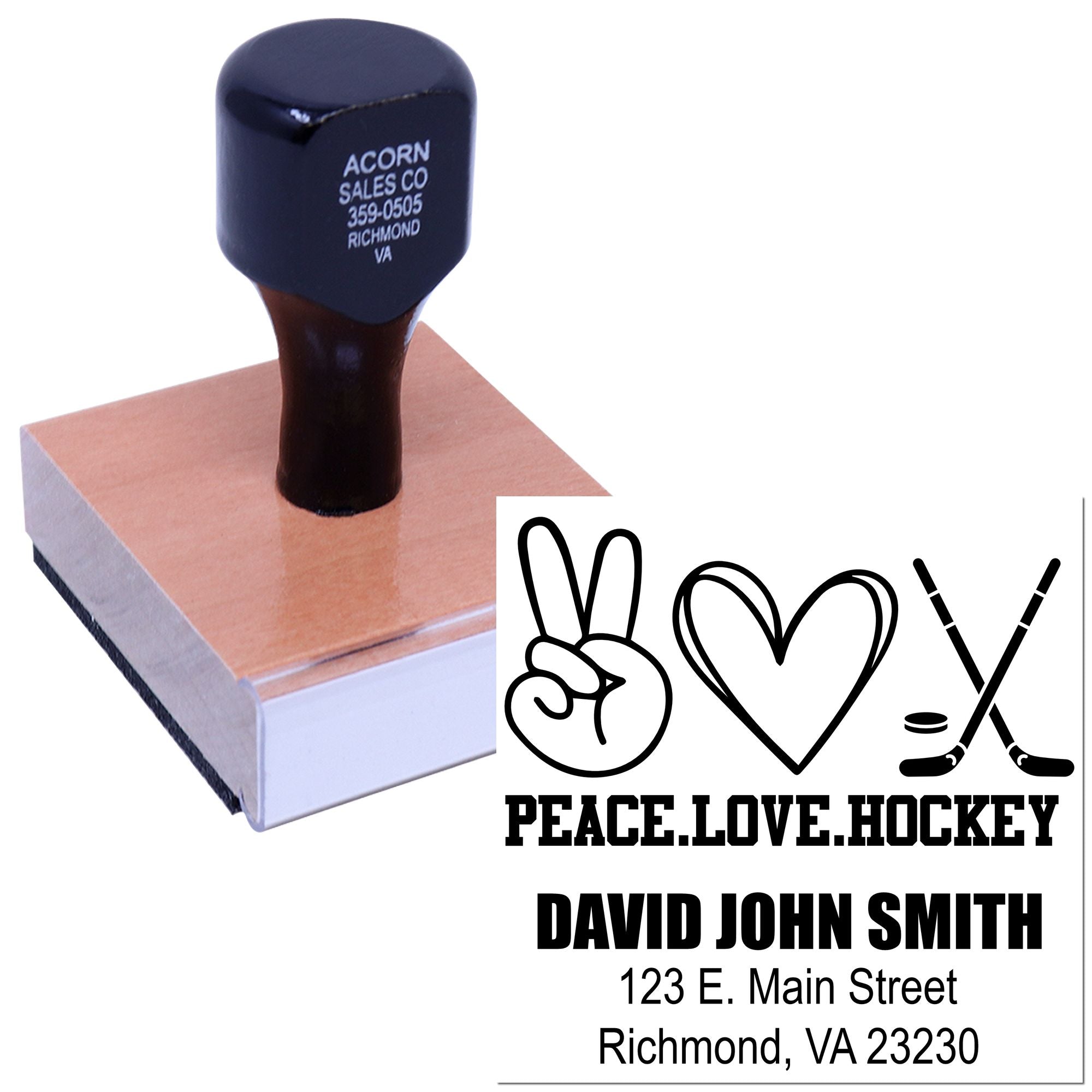 Custom rubber stamp with Peace Love Hockey design, name, and address for personalized sports branding and mailing.