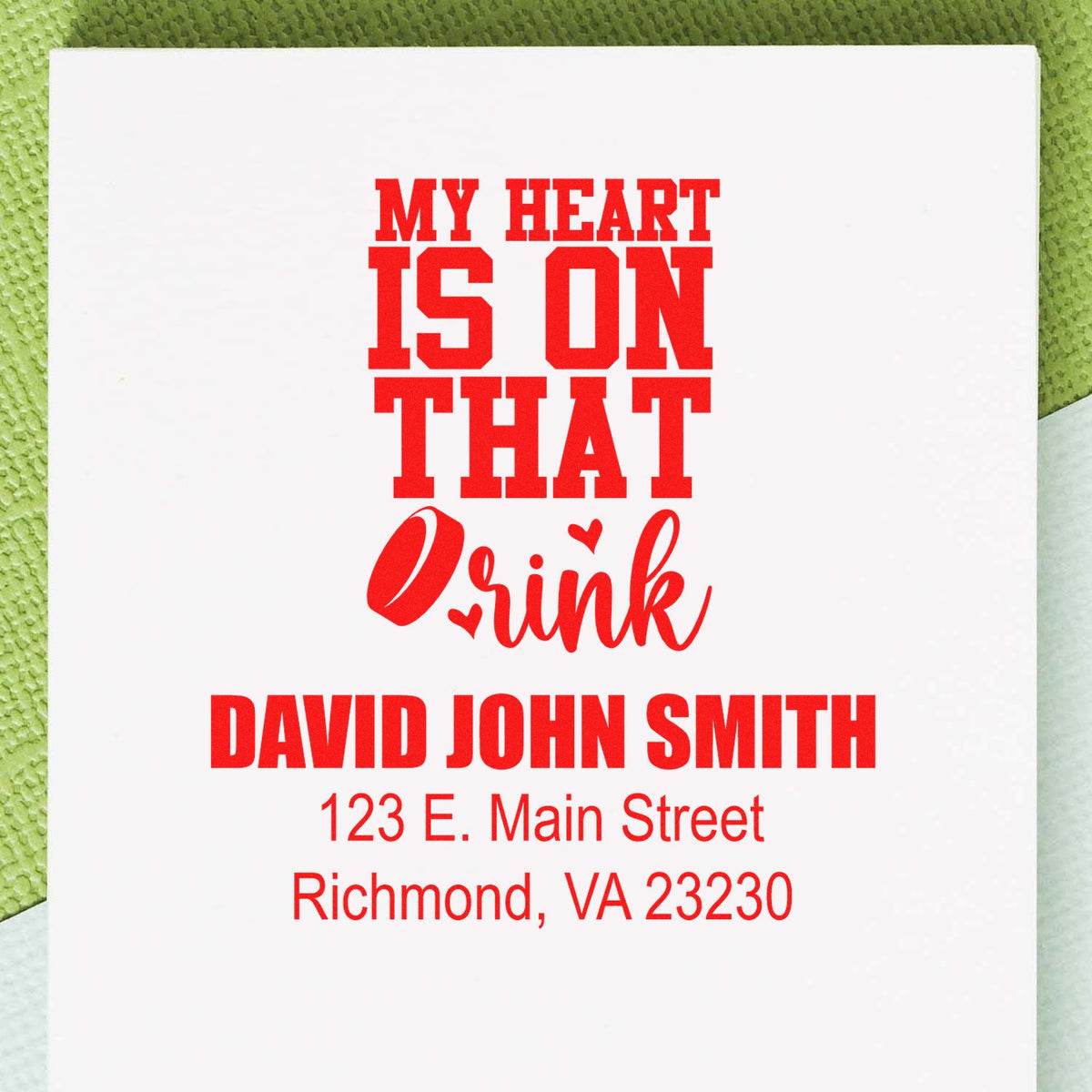 Custom return address rubber stamp with My Heart Is on That Drink and personalized name and address.