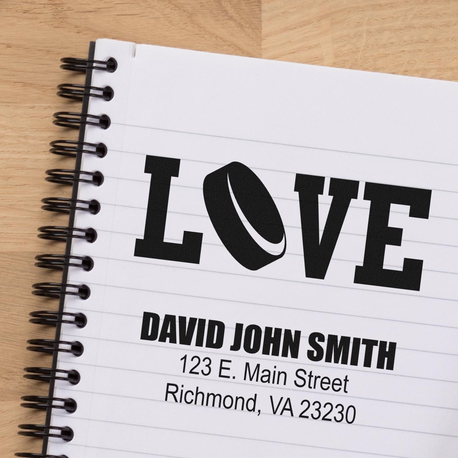 Personalized LOVE rubber stamp with name and address, ideal for custom stationery, wedding invitations, and branding.
