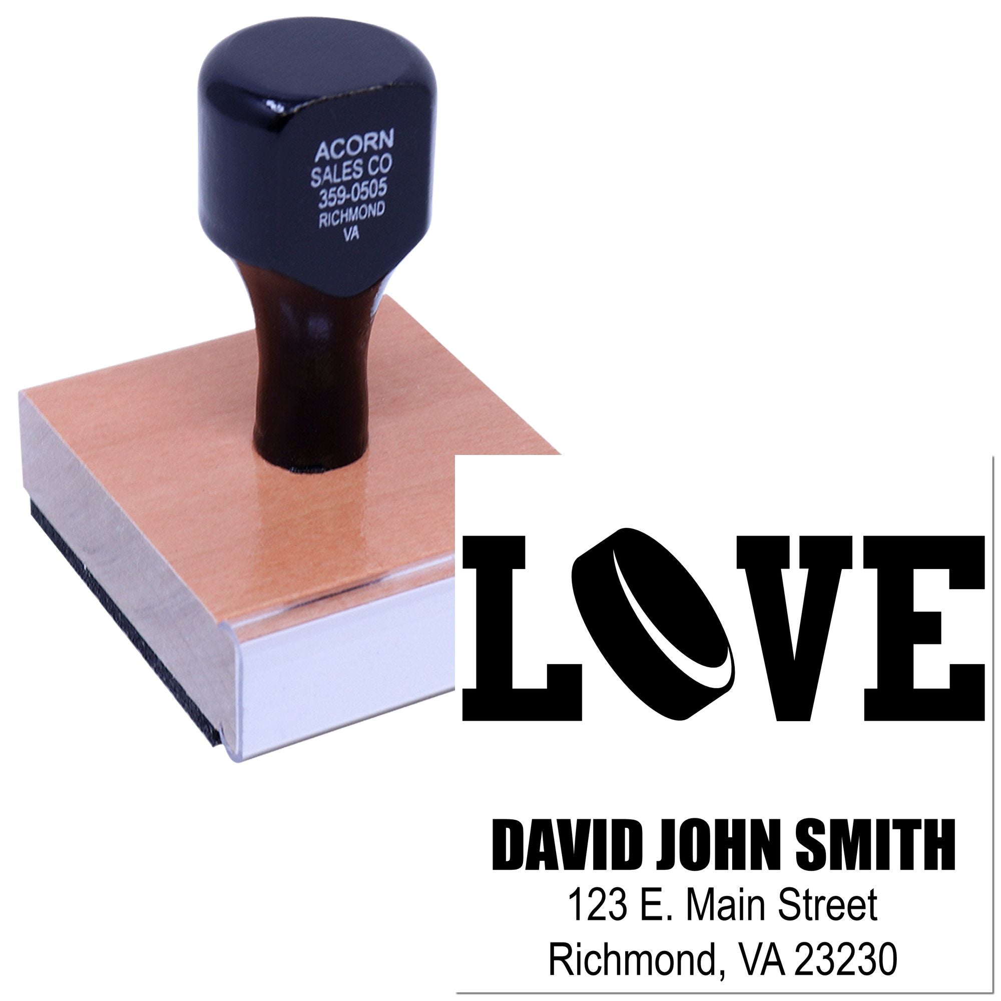 Custom rubber stamp with LOVE design and address imprint for personalized mailing, branding, and stationery.