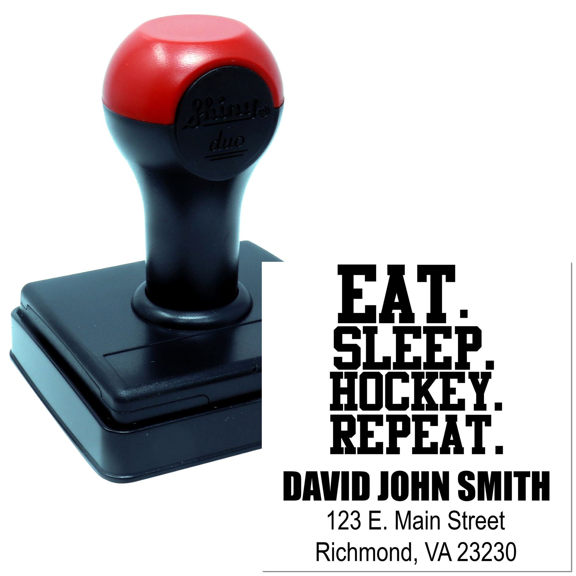 Personalized hockey rubber stamp with self-inking design, custom slogan, name, and return address for mailing.
