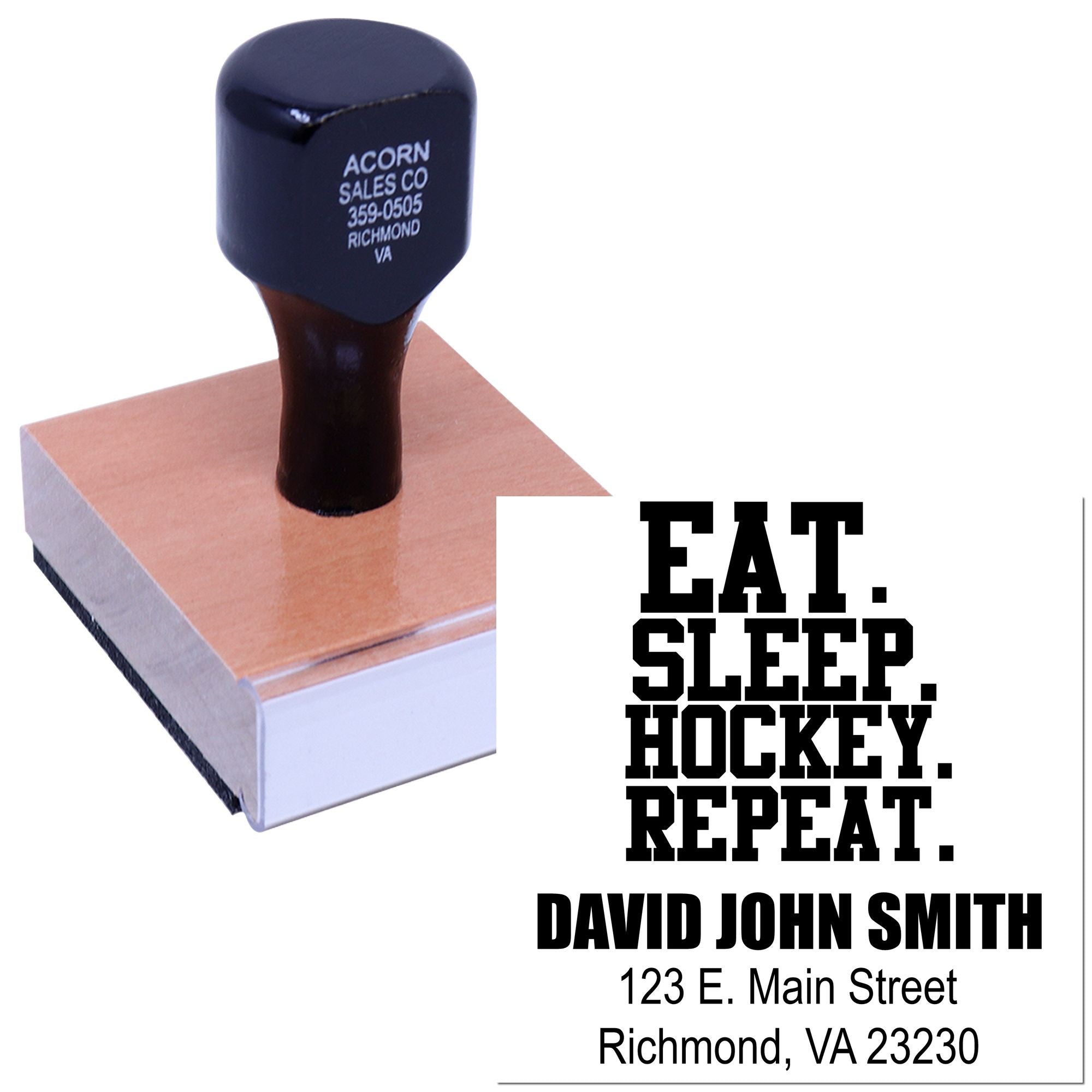 Custom hockey rubber stamp with return address, Eat. Sleep. Hockey. Repeat. for David John Smith, Richmond, VA