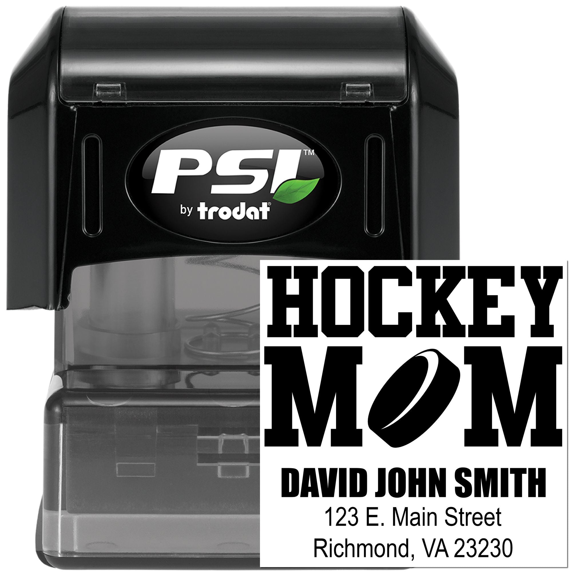 Personalized hockey mom rubber stamp by PSI Trodat with name and address for custom mailing labels.