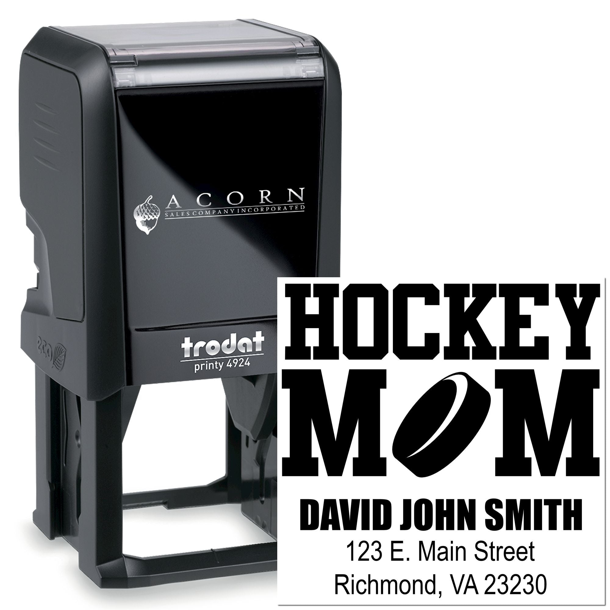 Personalized self-inking hockey mom rubber stamp with return address for custom mailing and crafts