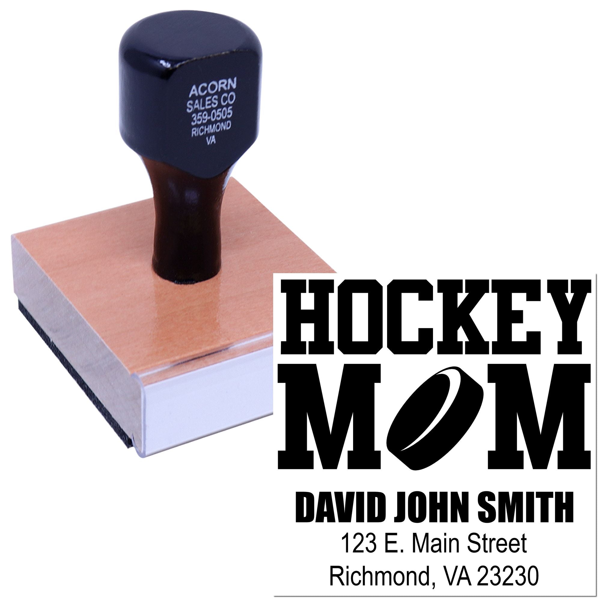 Custom hockey mom rubber stamp with name and Richmond, VA address for personalized return address stamping.