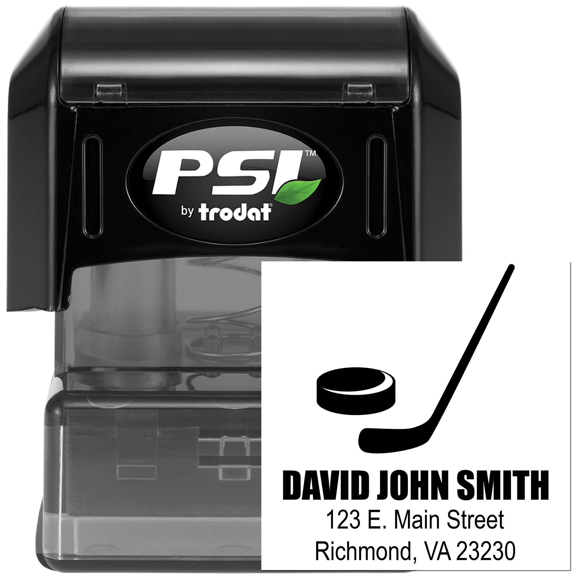 Personalized hockey rubber stamp with self-inking PSI Trodat case and name-and-address imprint for mailing.