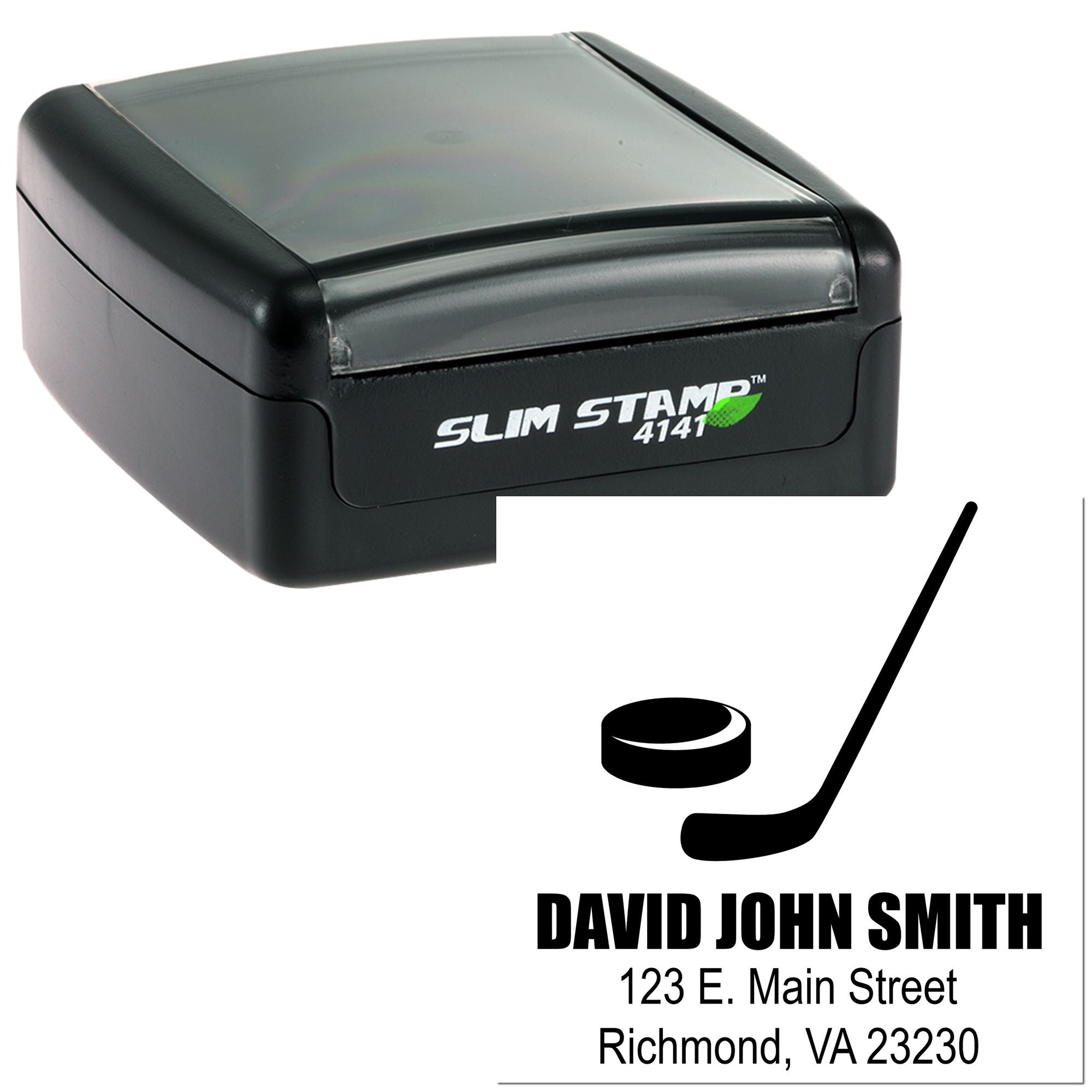 Self-inking Slim Stamp 4141 custom golf return address rubber stamp with golfer icon and David John Smith address.