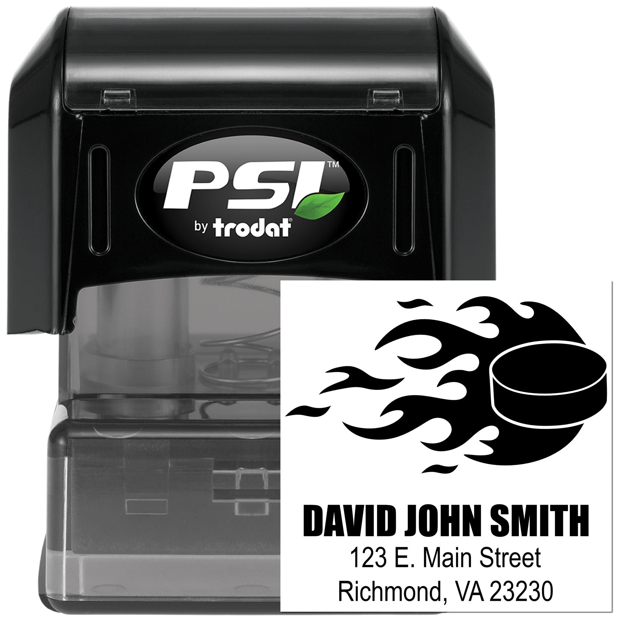 PSI by Trodat custom self-inking address rubber stamp with flame logo for business name and mailing address imprint
