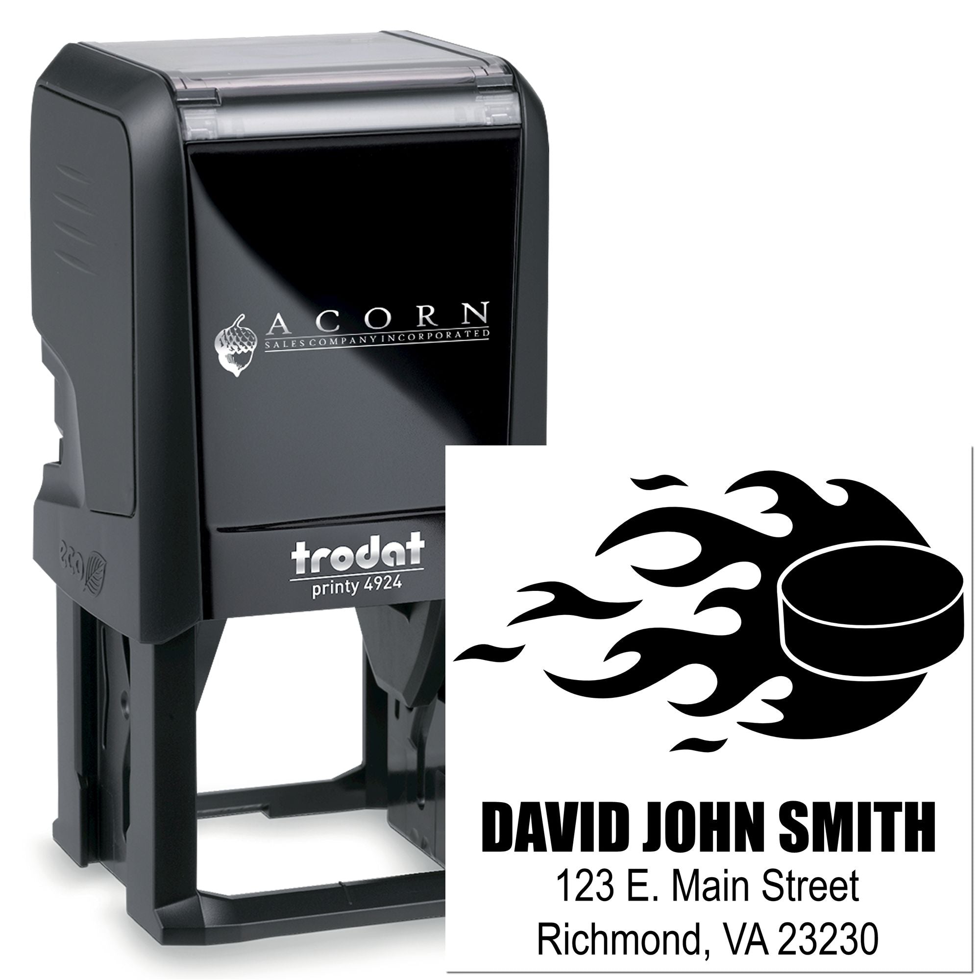 Custom self-inking rubber stamp, Trodat Printy 4924, with flame logo and address imprint for business branding.