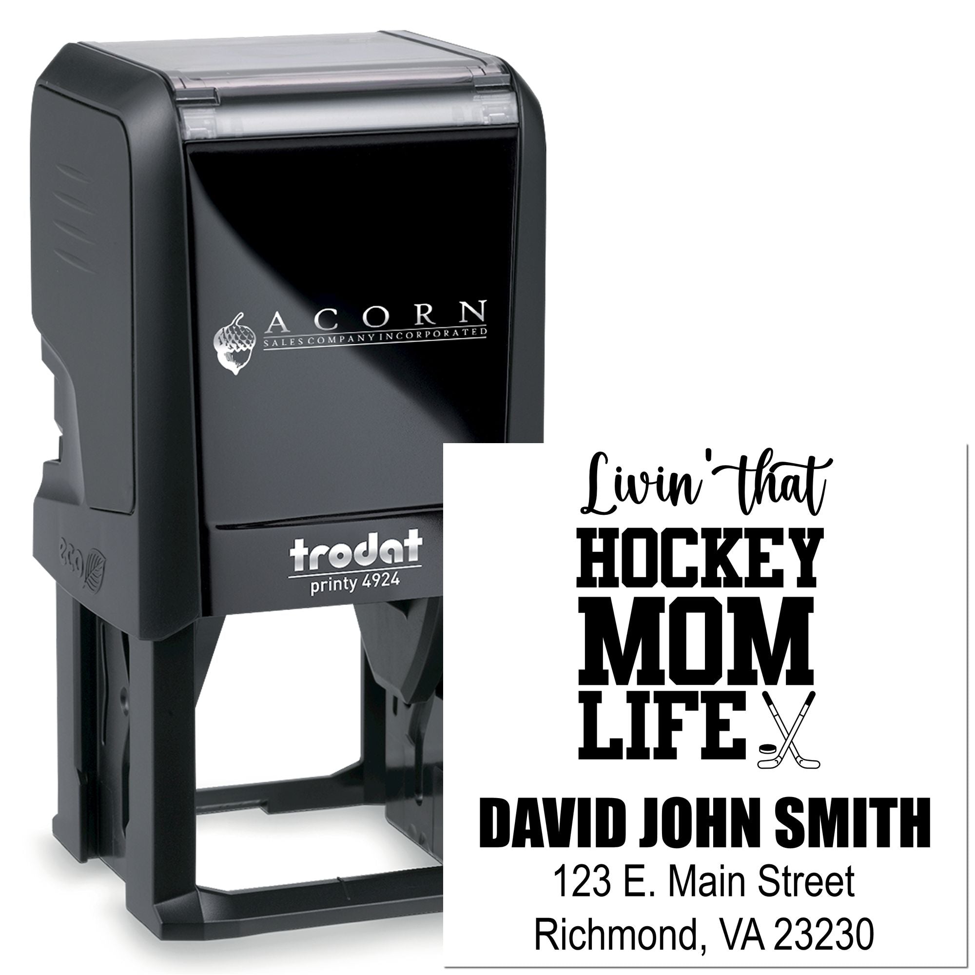 Custom self-inking rubber stamp featuring Livin that Hockey Mom Life with name and address for personalized mailing.