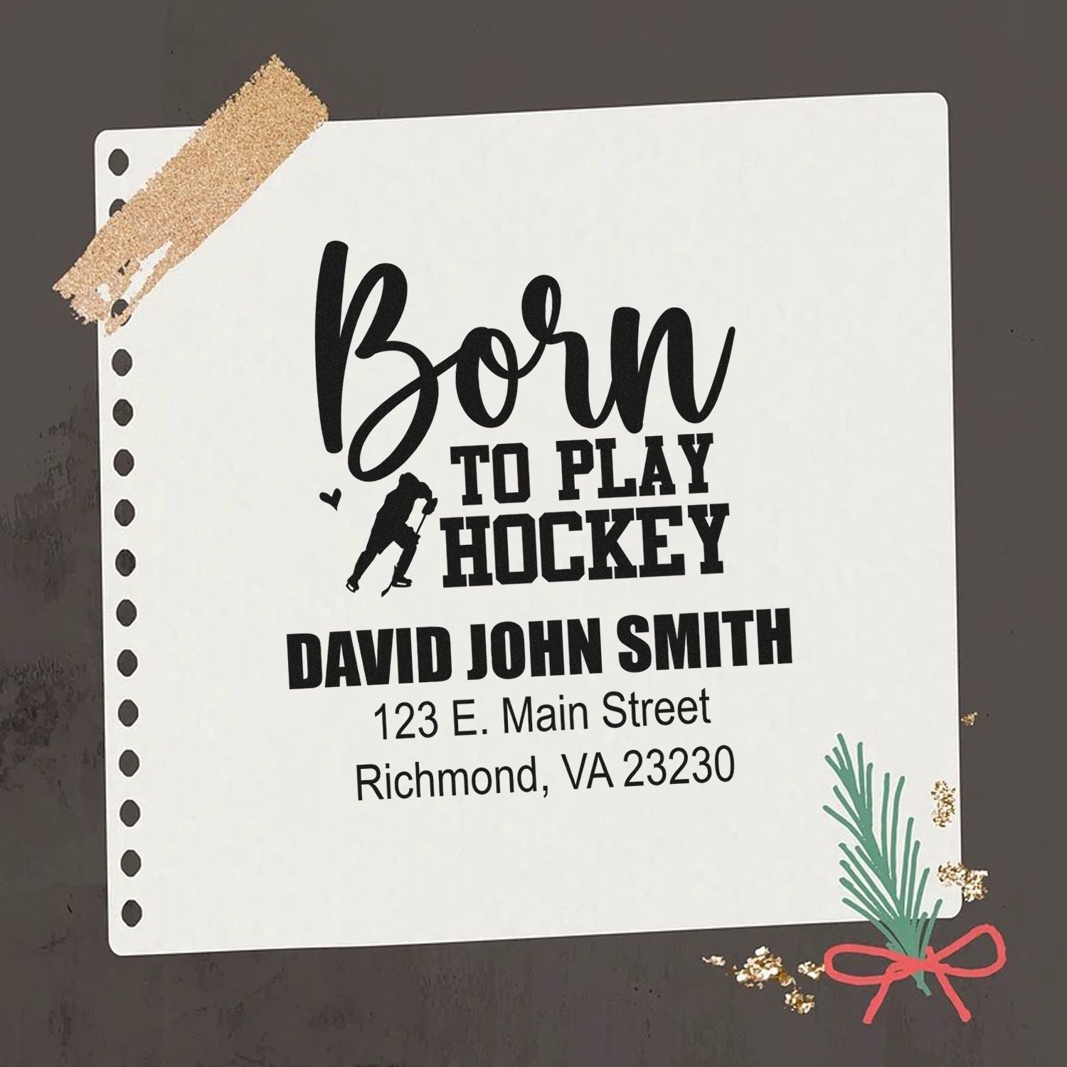 Custom hockey rubber stamp with personalized name and address, featuring Born to Play Hockey design for stationery.