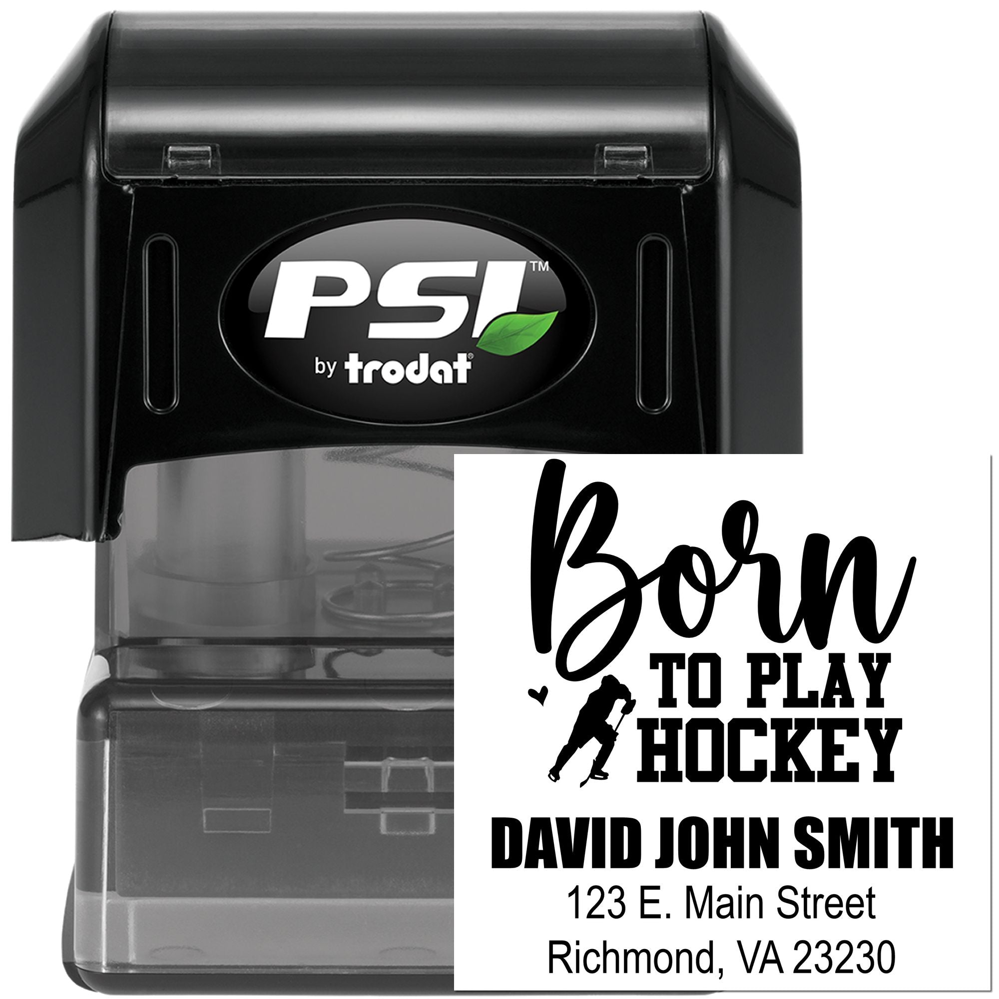 Custom self-inking rubber stamp with hockey birth announcement design, name, address and PSI by Trodat branding.