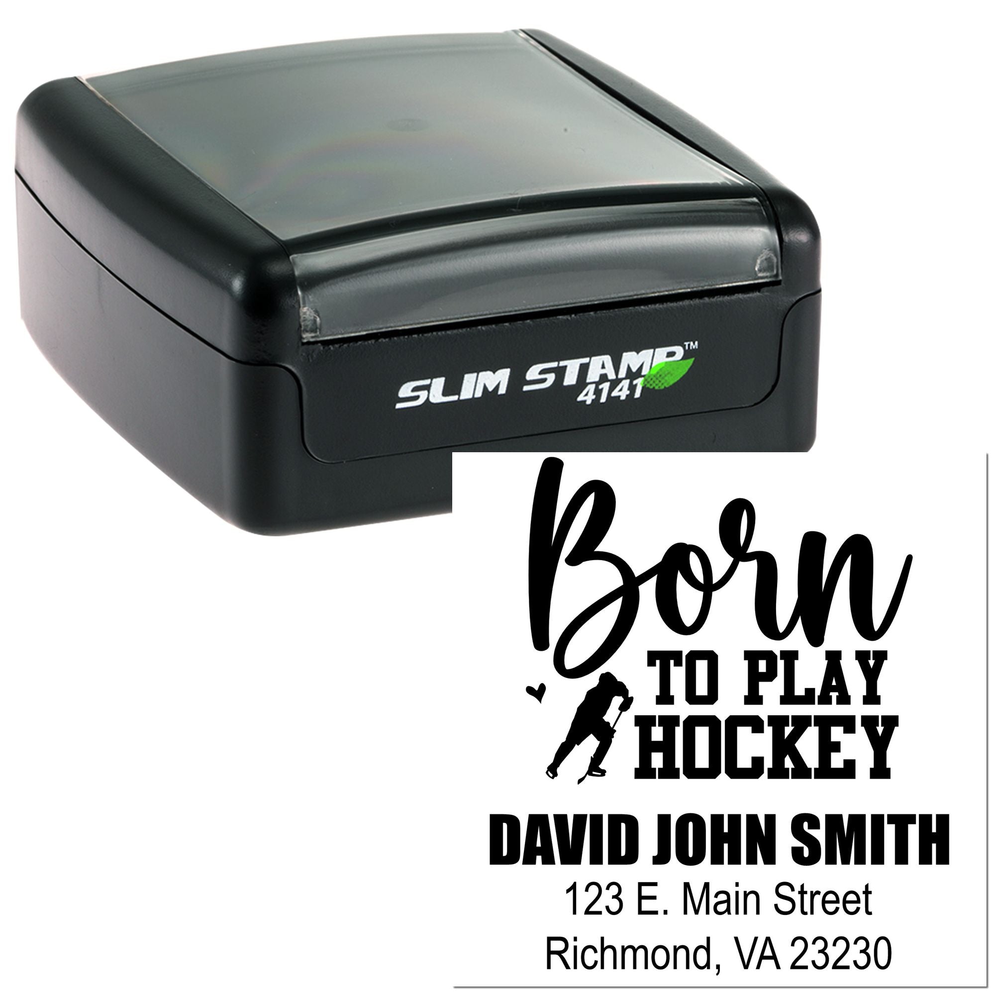 Custom self-inking rubber stamp with hockey-themed return address for David John Smith, ideal for personalized mail.