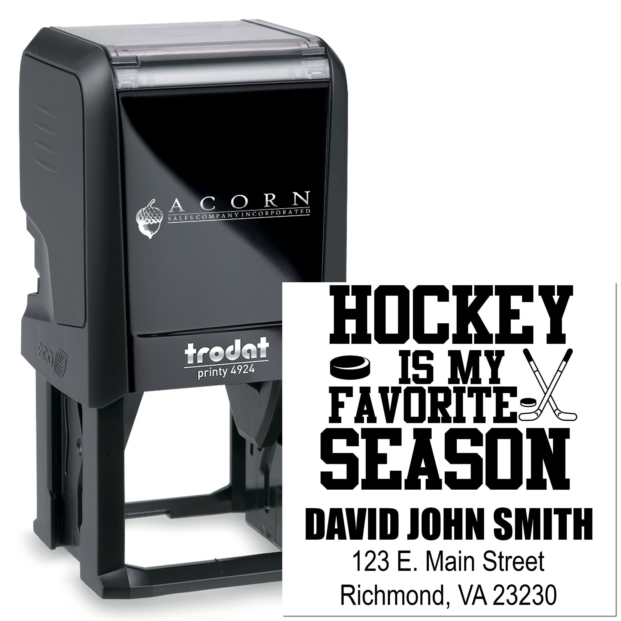 Trodat Printy 4924 self-inking rubber stamp with custom hockey is my favorite season personalized address imprint.