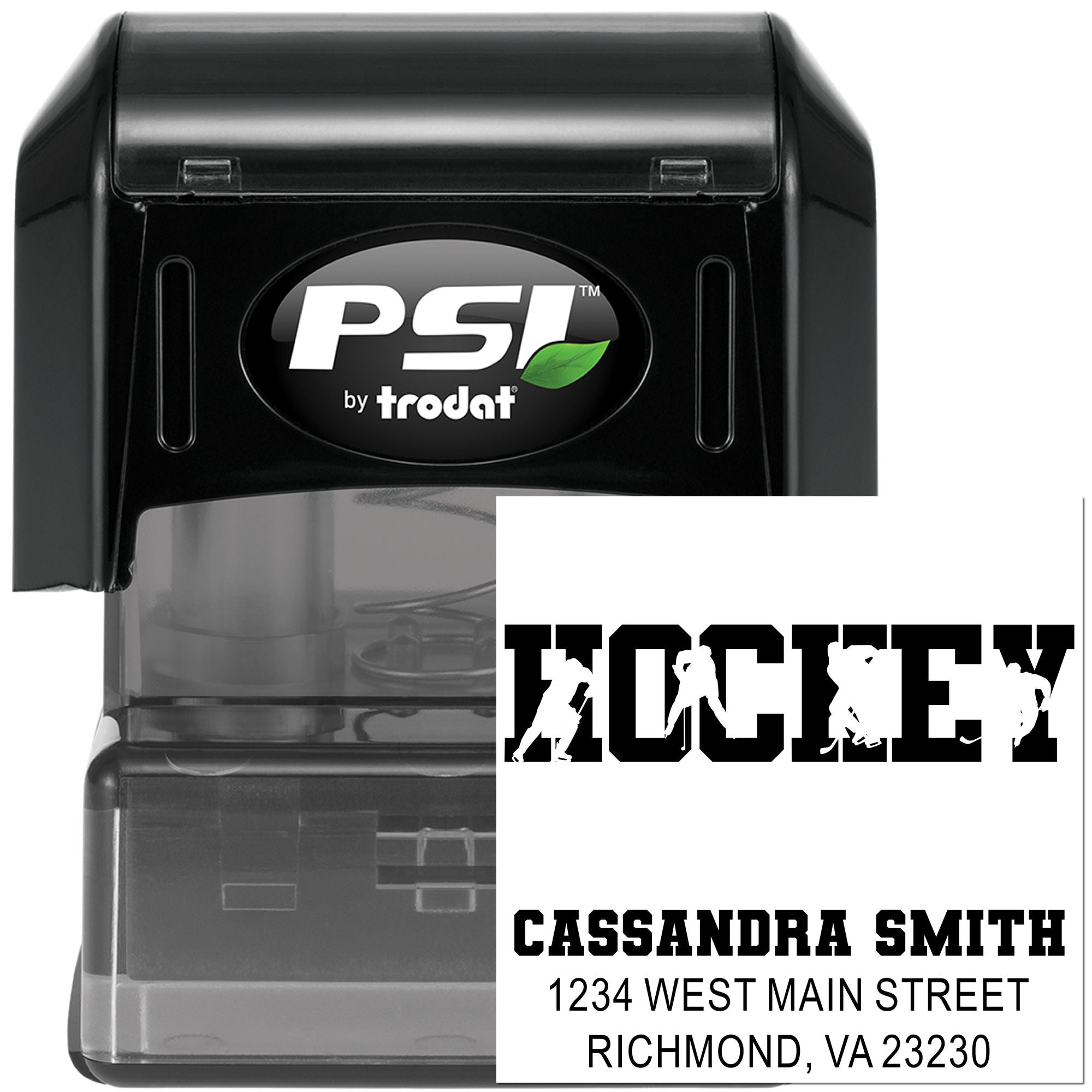 Personalized hockey self-inking rubber stamp by PSI Trodat for name, address, and sports-themed mailing.