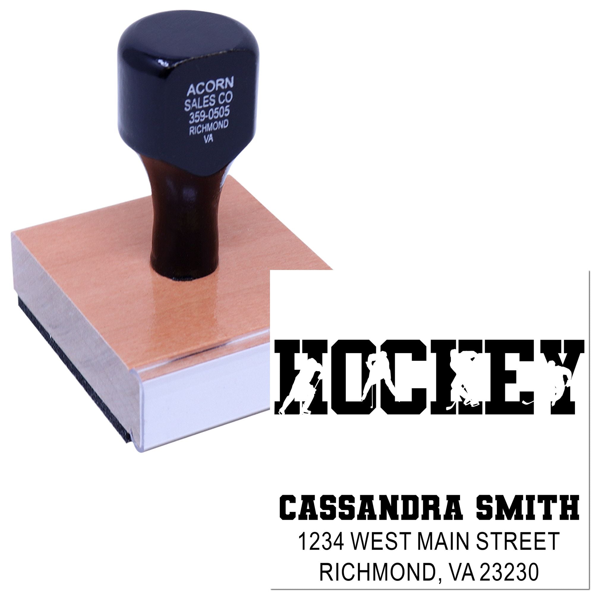 Custom hockey address rubber stamp for personalized return mailing, featuring bold team-style lettering and name imprint.