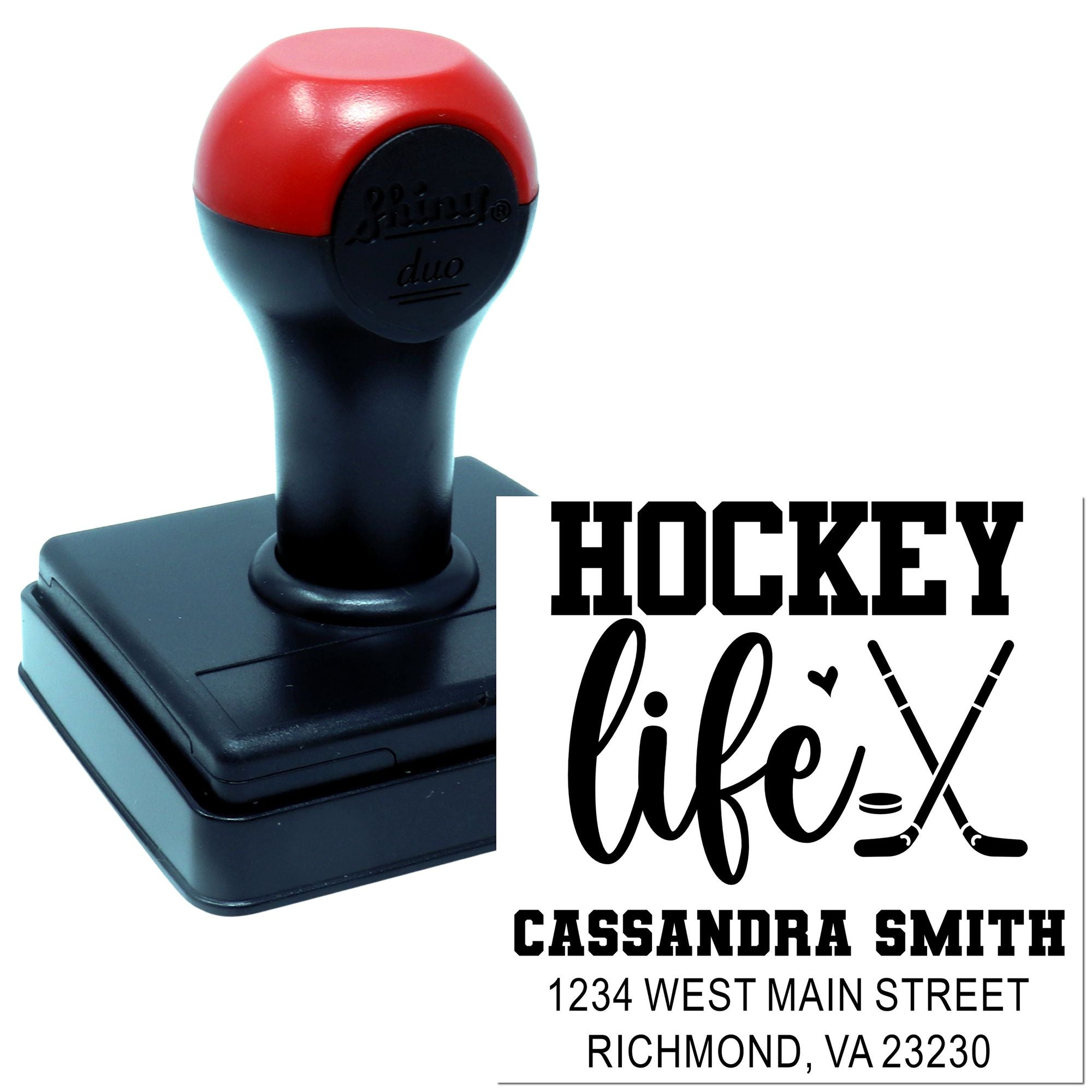 Custom self-inking rubber stamp for hockey fans, featuring a personalized name, address, and Hockey life design.