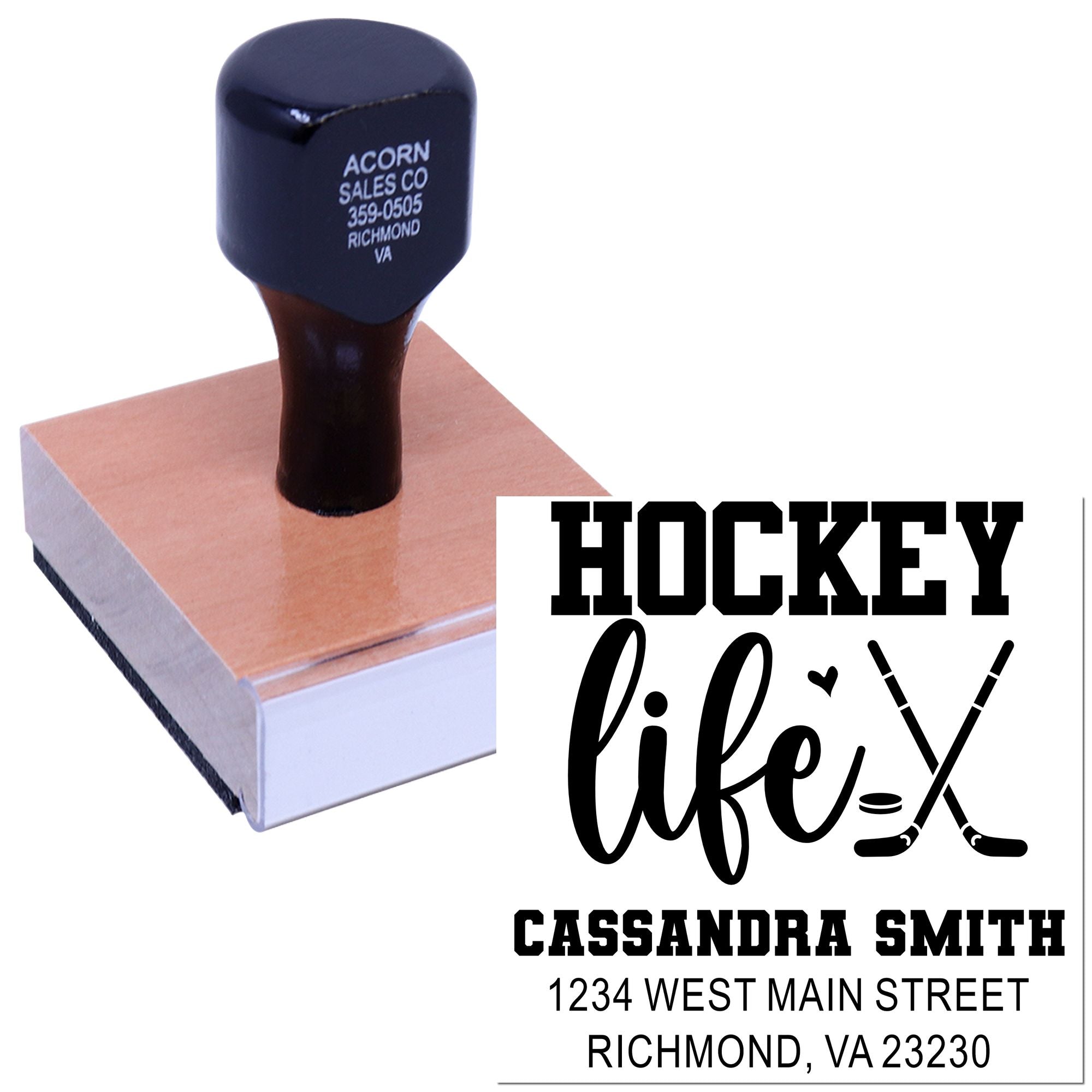 Custom hockey rubber stamp with personalized name and address for sports stationery and fan mail.