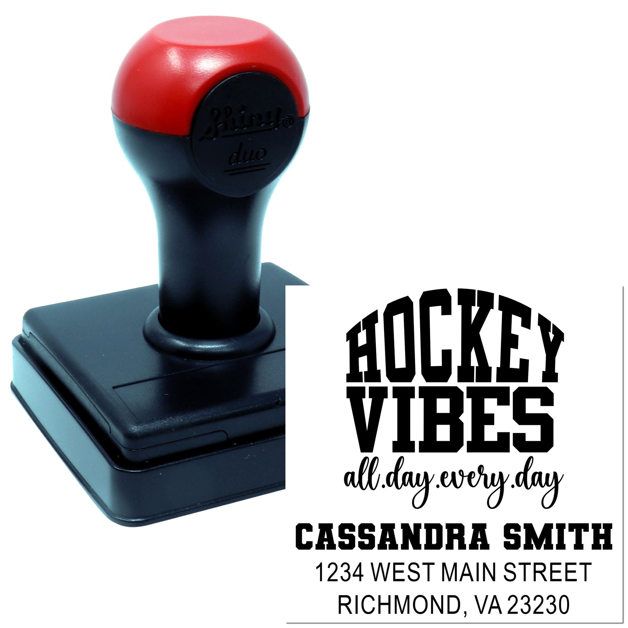 Custom self-inking address stamp with Hockey Vibes design for hockey fans, featuring personalized name and mailing address