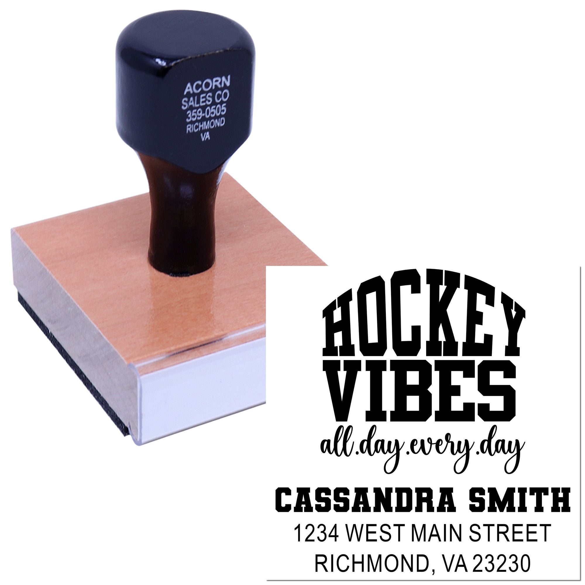 Custom hockey vibes rubber stamp for personalized mail, featuring name and Richmond, VA address.