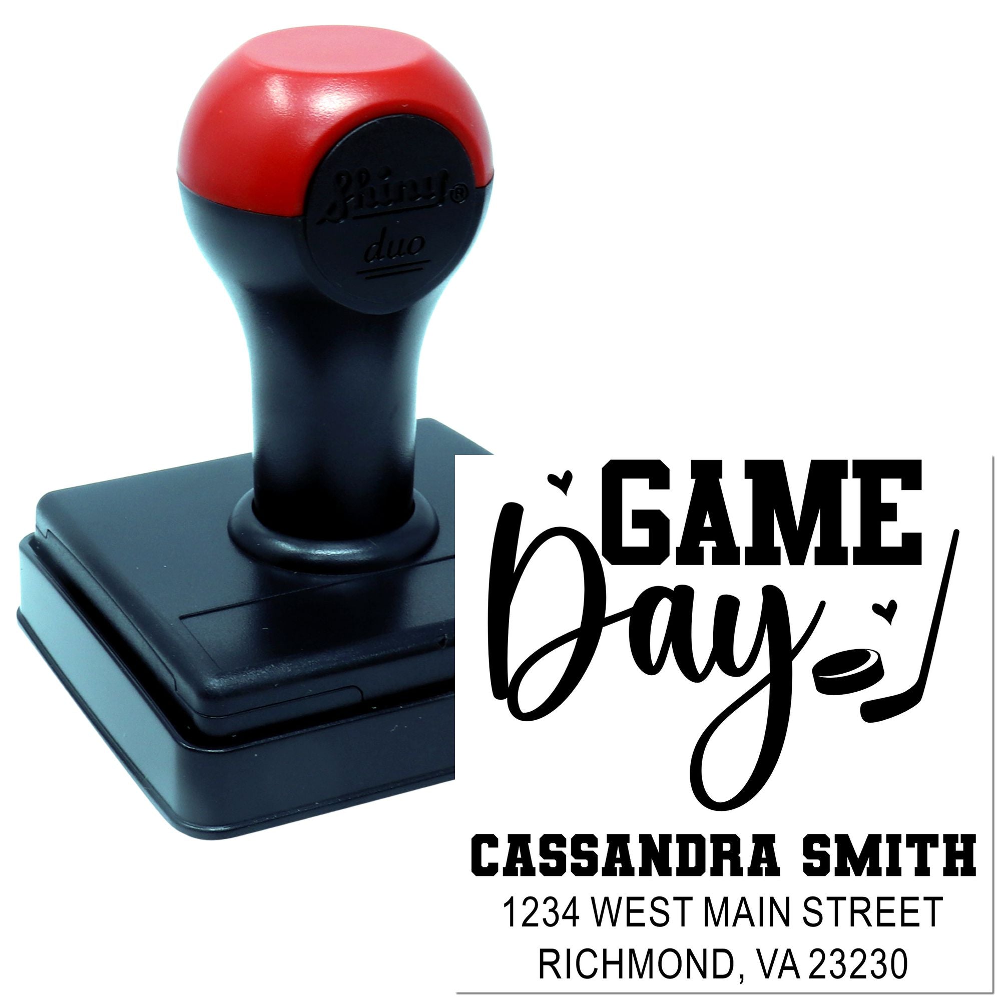 Personalized self-inking rubber stamp with Game Day design, name, and address for custom event stationery and branding.