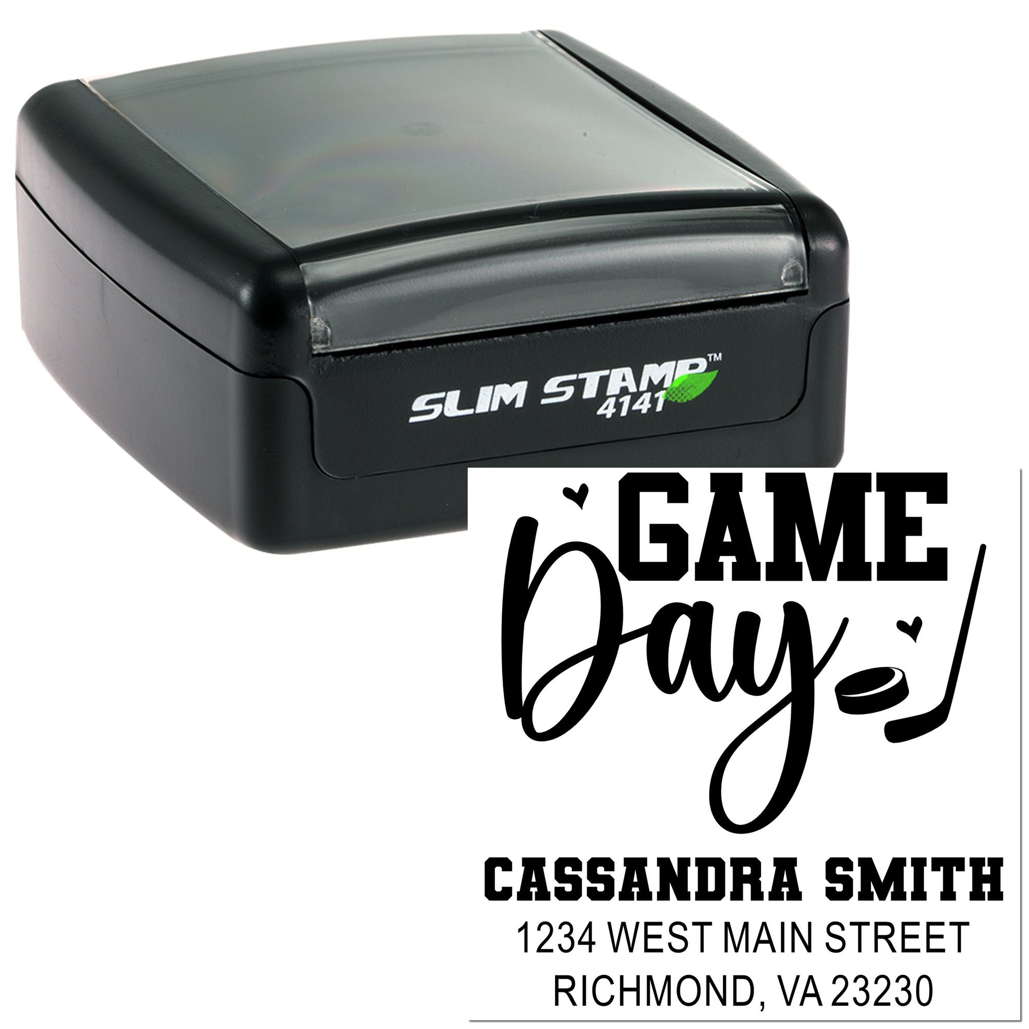 Self-inking rubber stamp with custom Game Day design, name, and address for personalized sports stationery